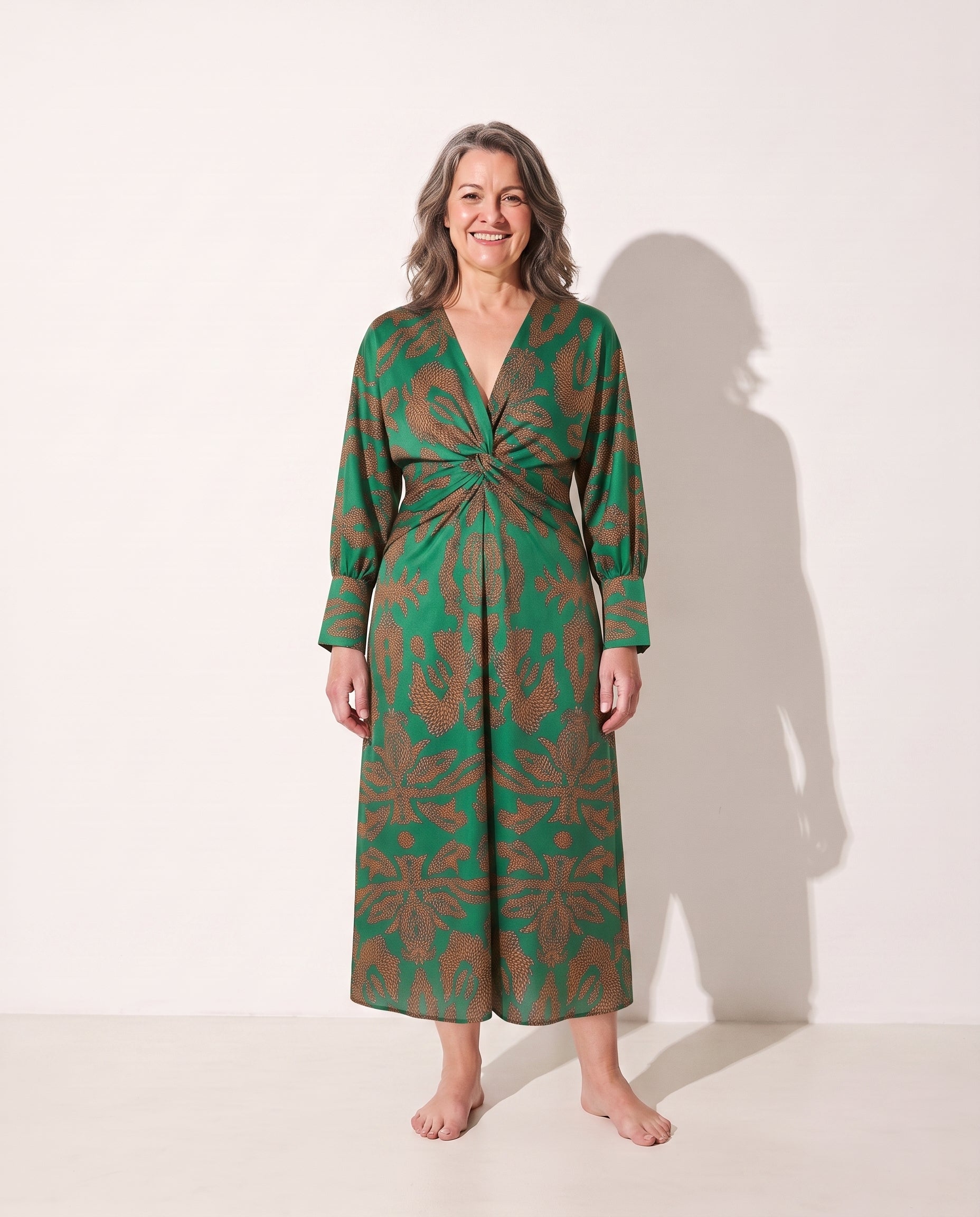 Marguerite | Long Sleeve Wrap Midi Dress With Painterly Print — Green