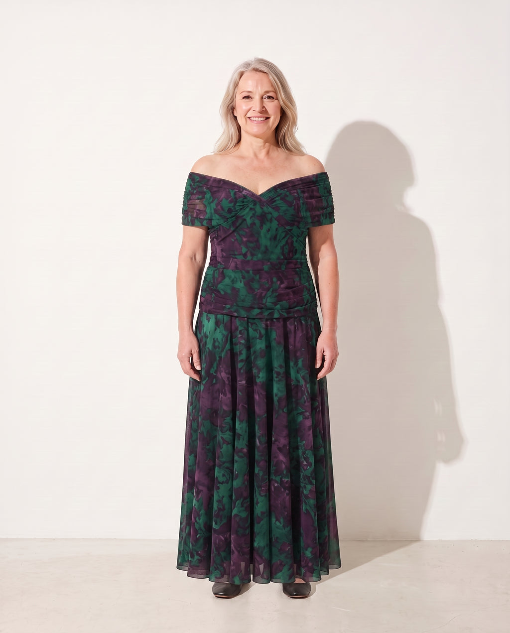 Genevieve | Bebe Off-Shoulder Ruched Dresses Evening Wear — Green and Purple