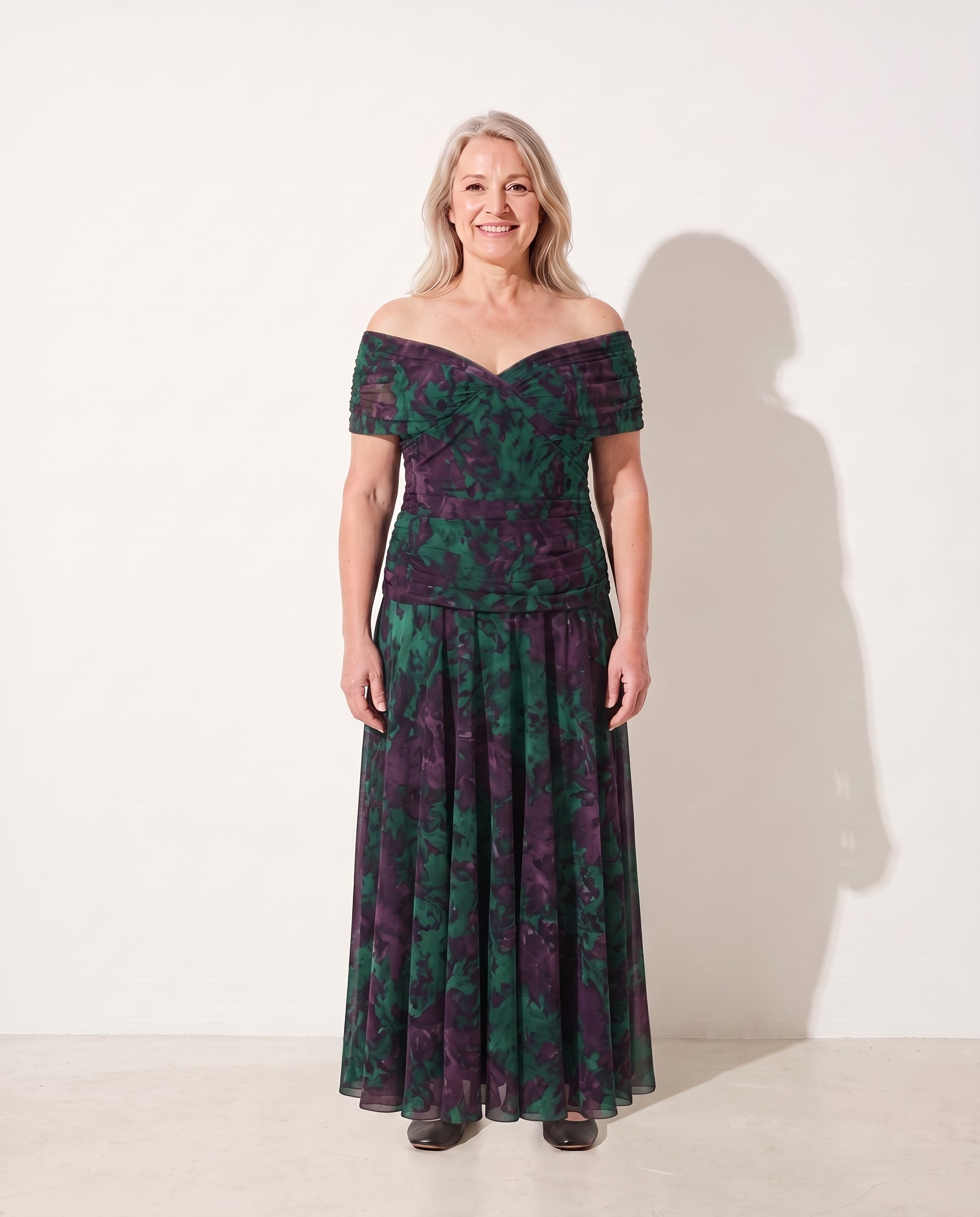 Genevieve | Bebe Off-Shoulder Ruched Dresses Evening Wear — Green and Purple