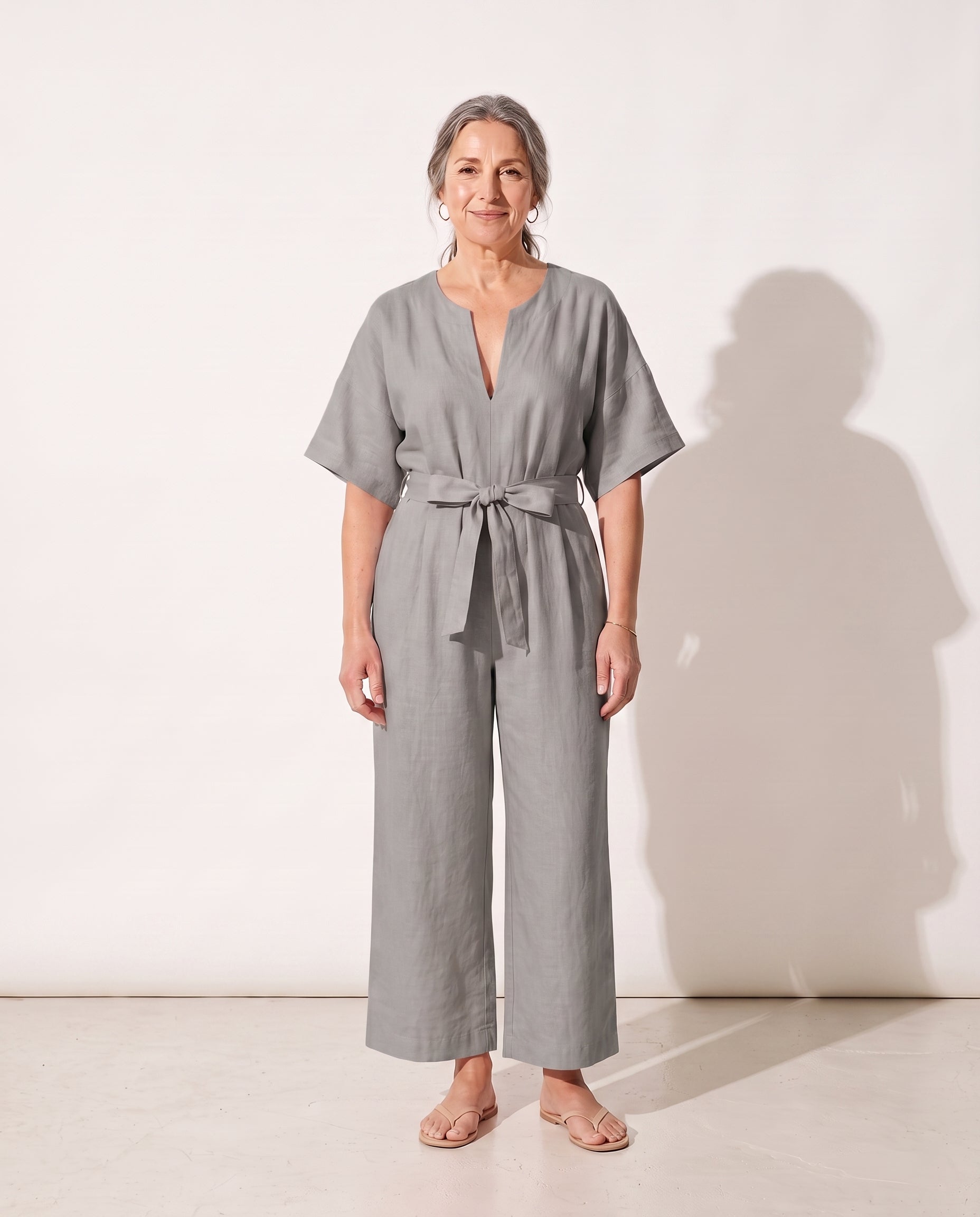 Rosalind | Strapless Wide Leg Linen Jumpsuit — Grey
