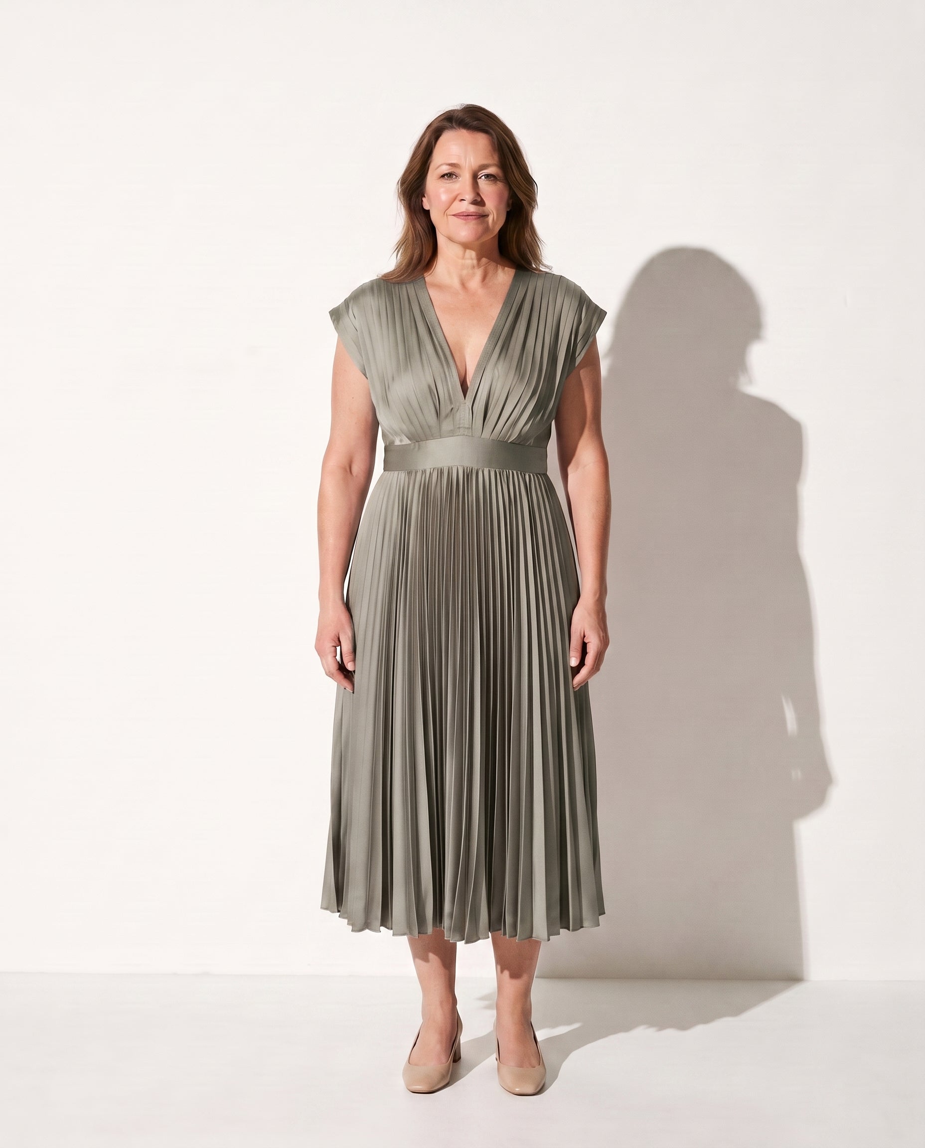 Esmee | Long Sleeve Wedding Guest Dresses Pleated Midi V-Neck — Grey