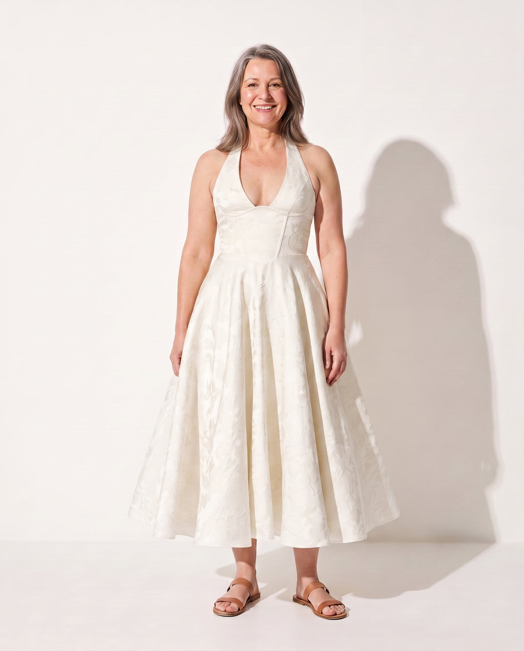 Honorine | Velvet Plunge Neck Midi Dress Occasion Fit Flare — Ivory