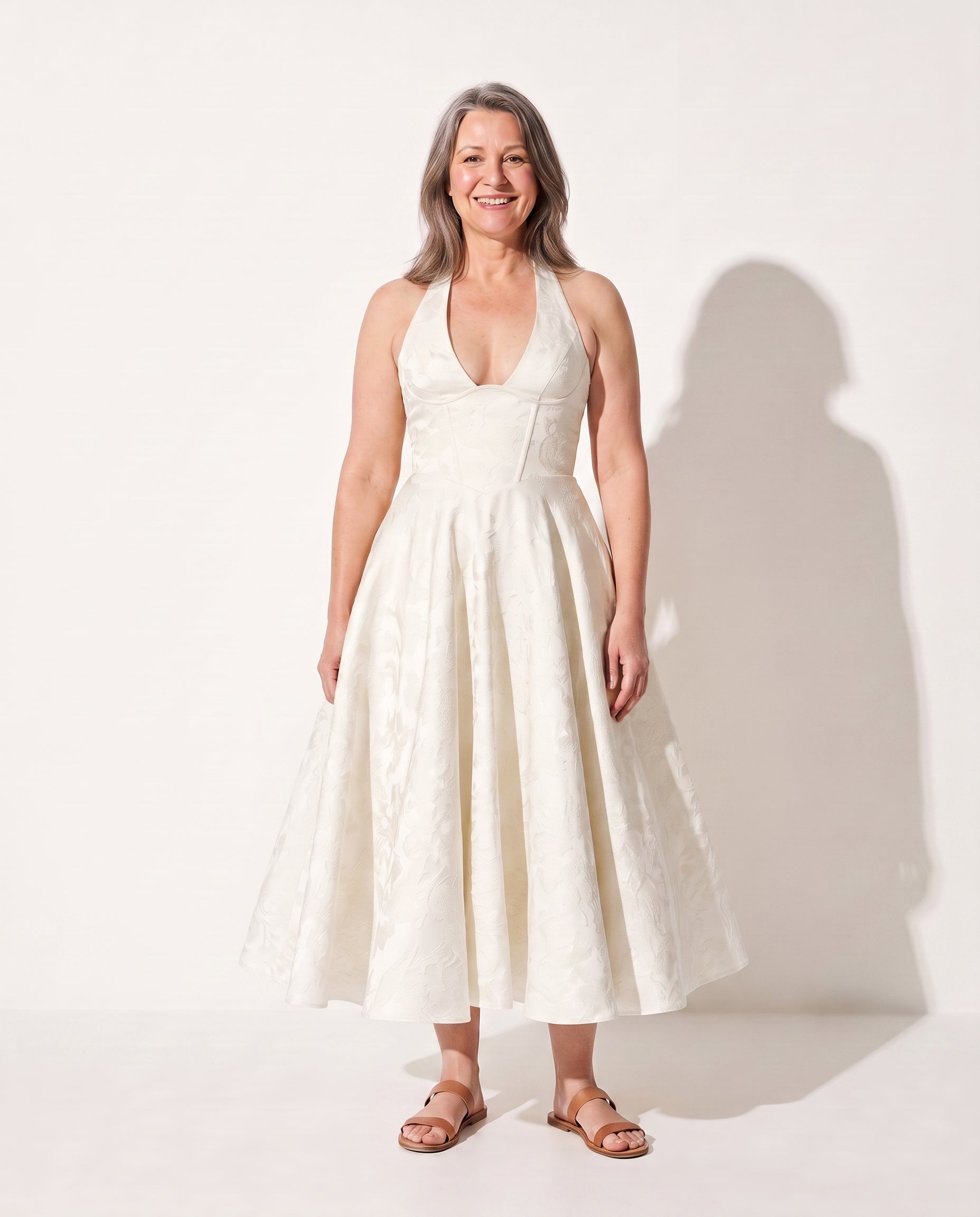 Honorine | Velvet Plunge Neck Midi Dress Occasion Fit Flare — Ivory