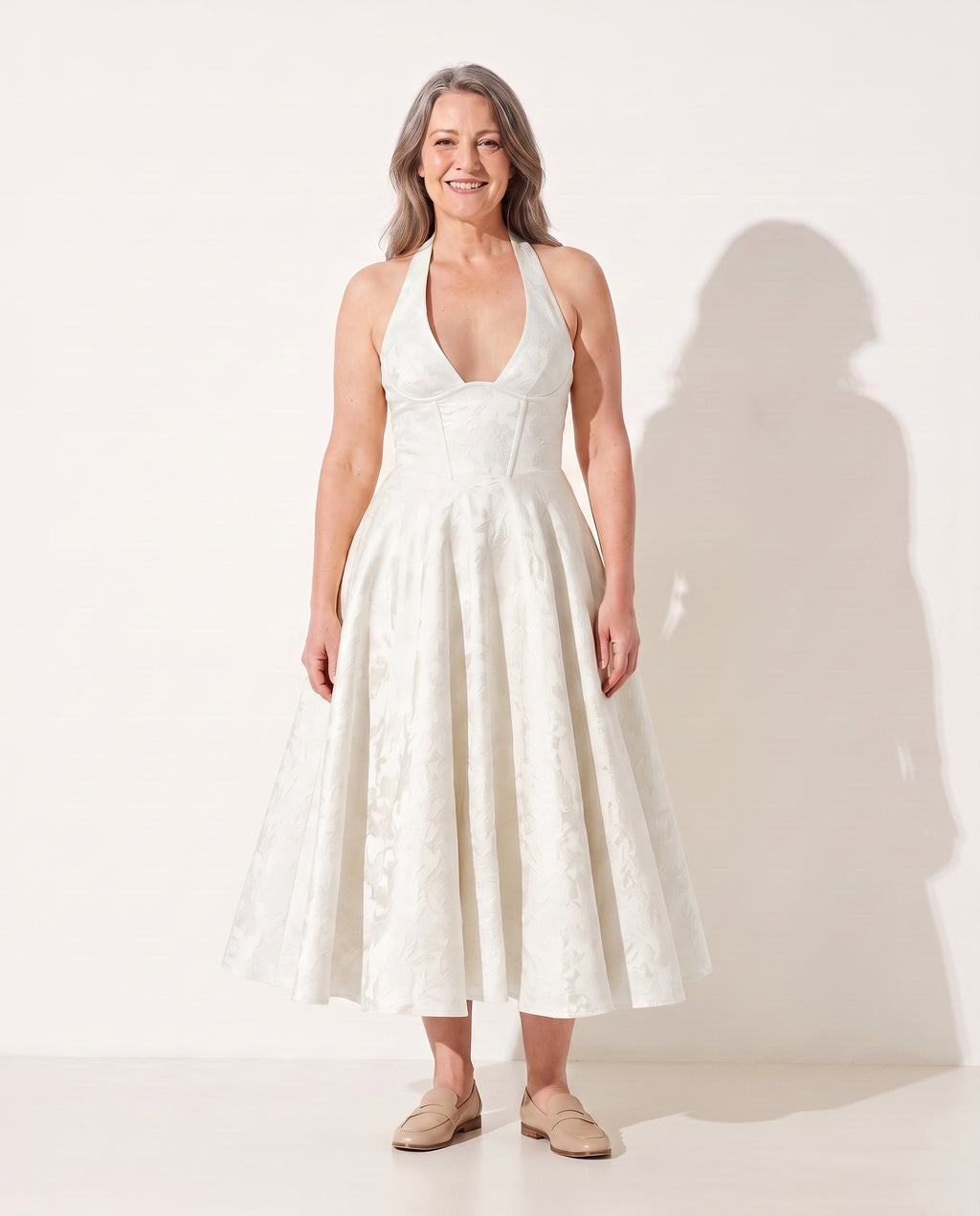 Constance | Women Velvet Halter Midi Dress Wedding Guest — Ivory