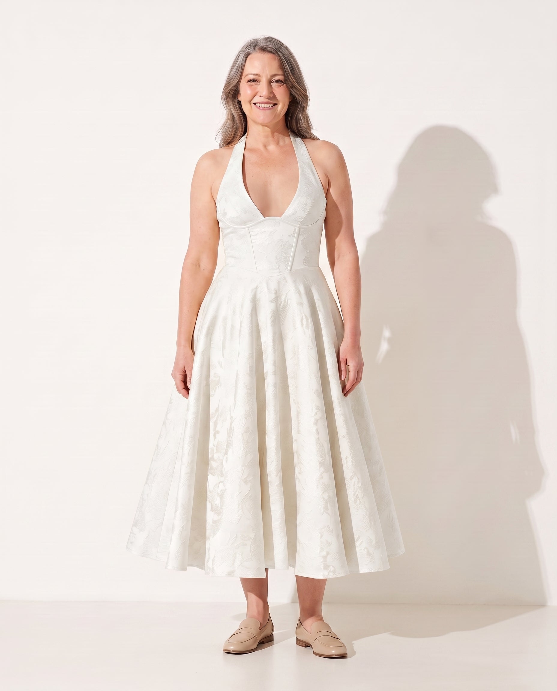 Constance | Women Velvet Halter Midi Dress Wedding Guest — Ivory