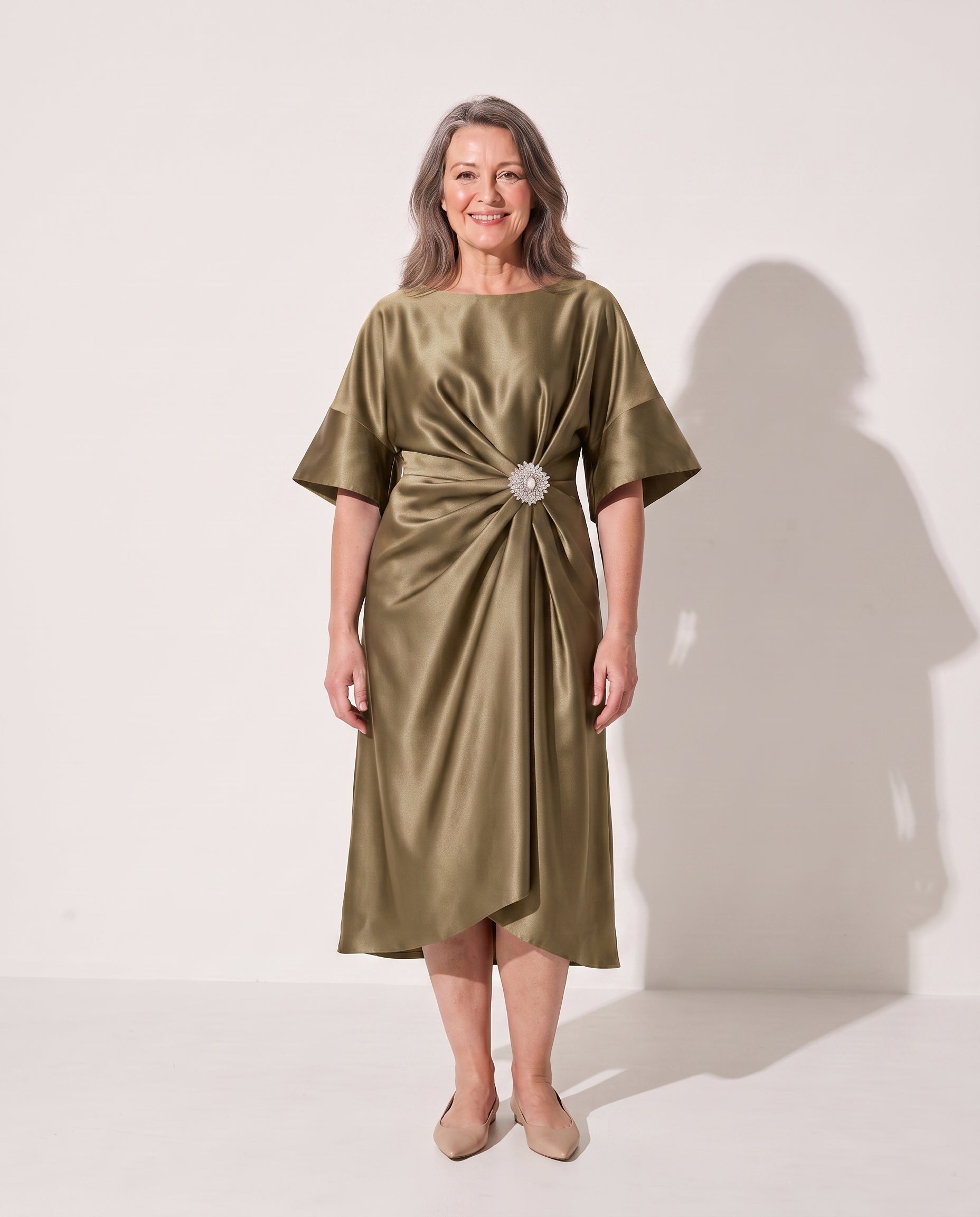 Aurelia | Satin Brooch Midi Dress With Kimono Sleeves — Khaki