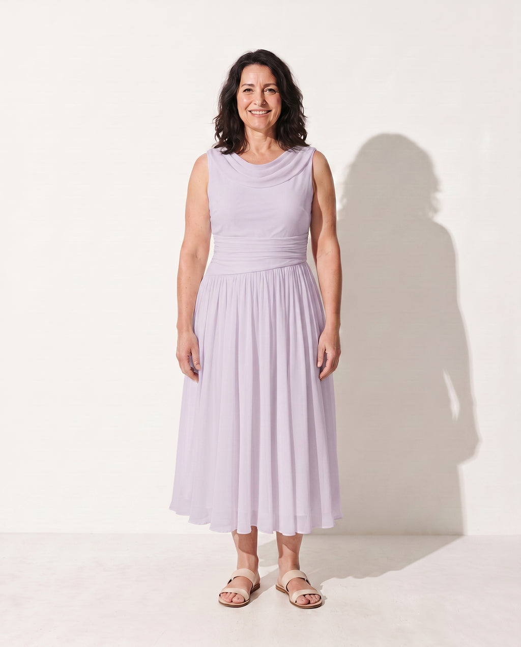 Sabine | Long Sleeve Pleated Midi Dress for Weddings & Occasions — Lavender