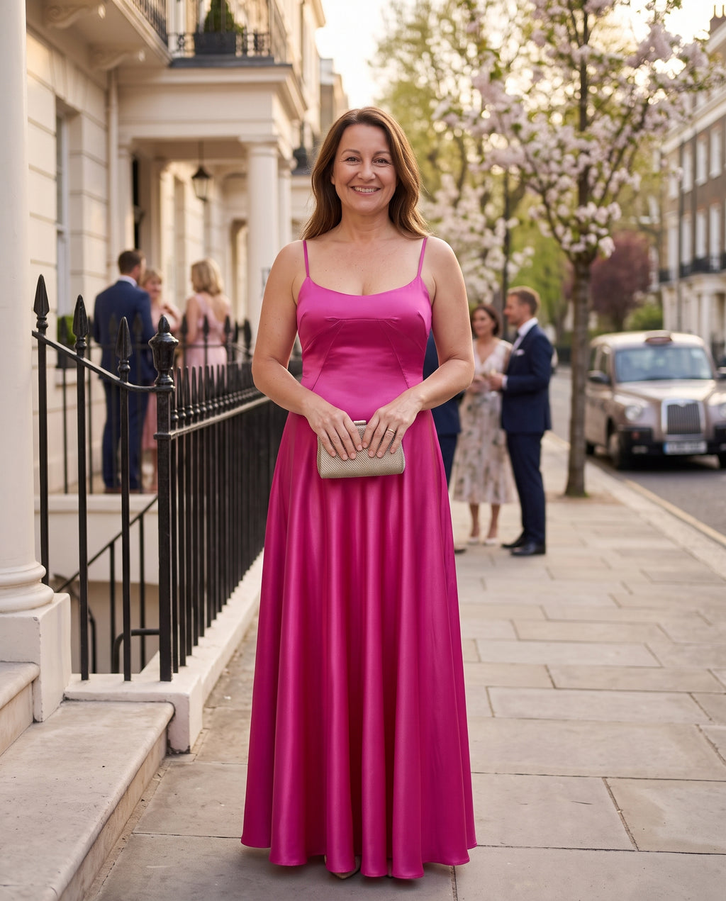 Camille | Long Sleeve Satin Wedding Guest Maxi Dress — lifestyle