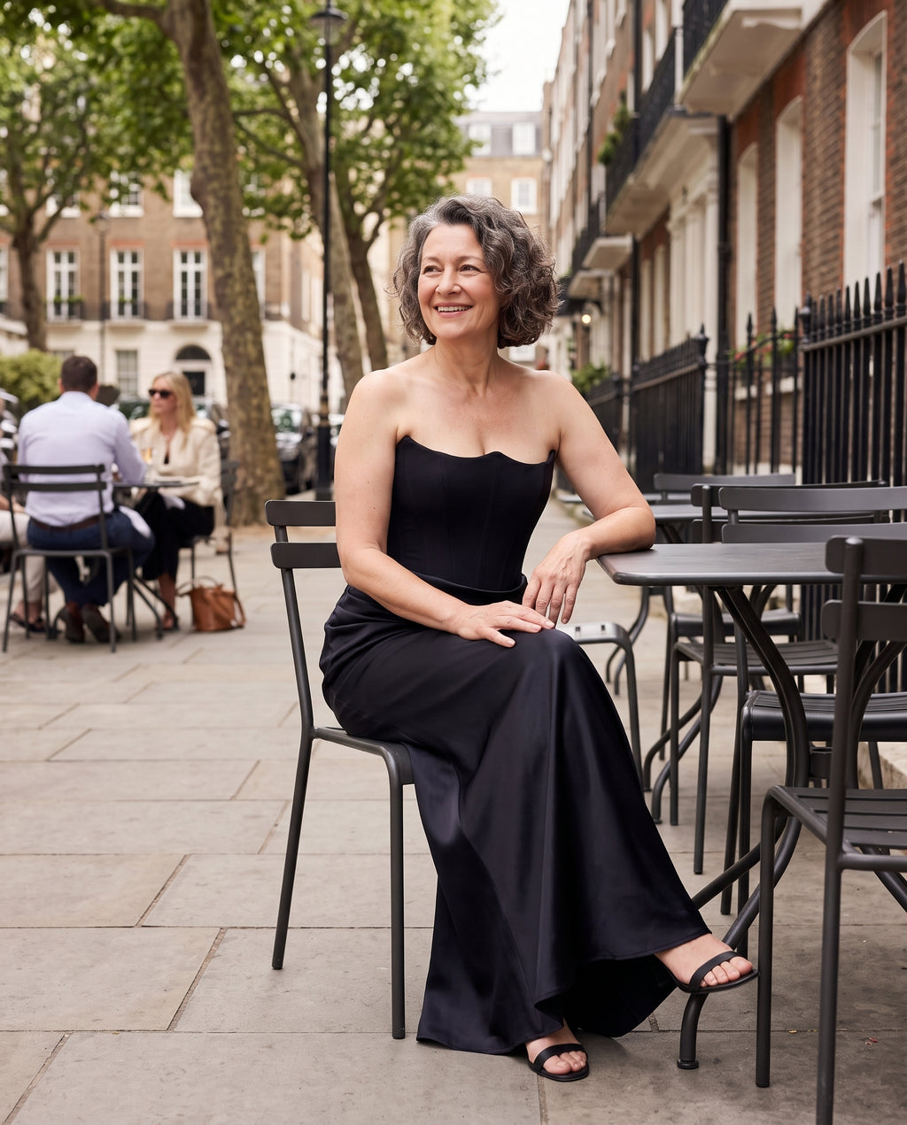 Ursula | Brown Satin Strapless Bodice Maxi Evening Dress — lifestyle