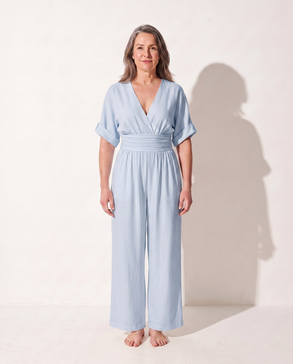 Hermione | Wide Leg Casual Jumpsuit With Cinched Waist Detail — Light Blue