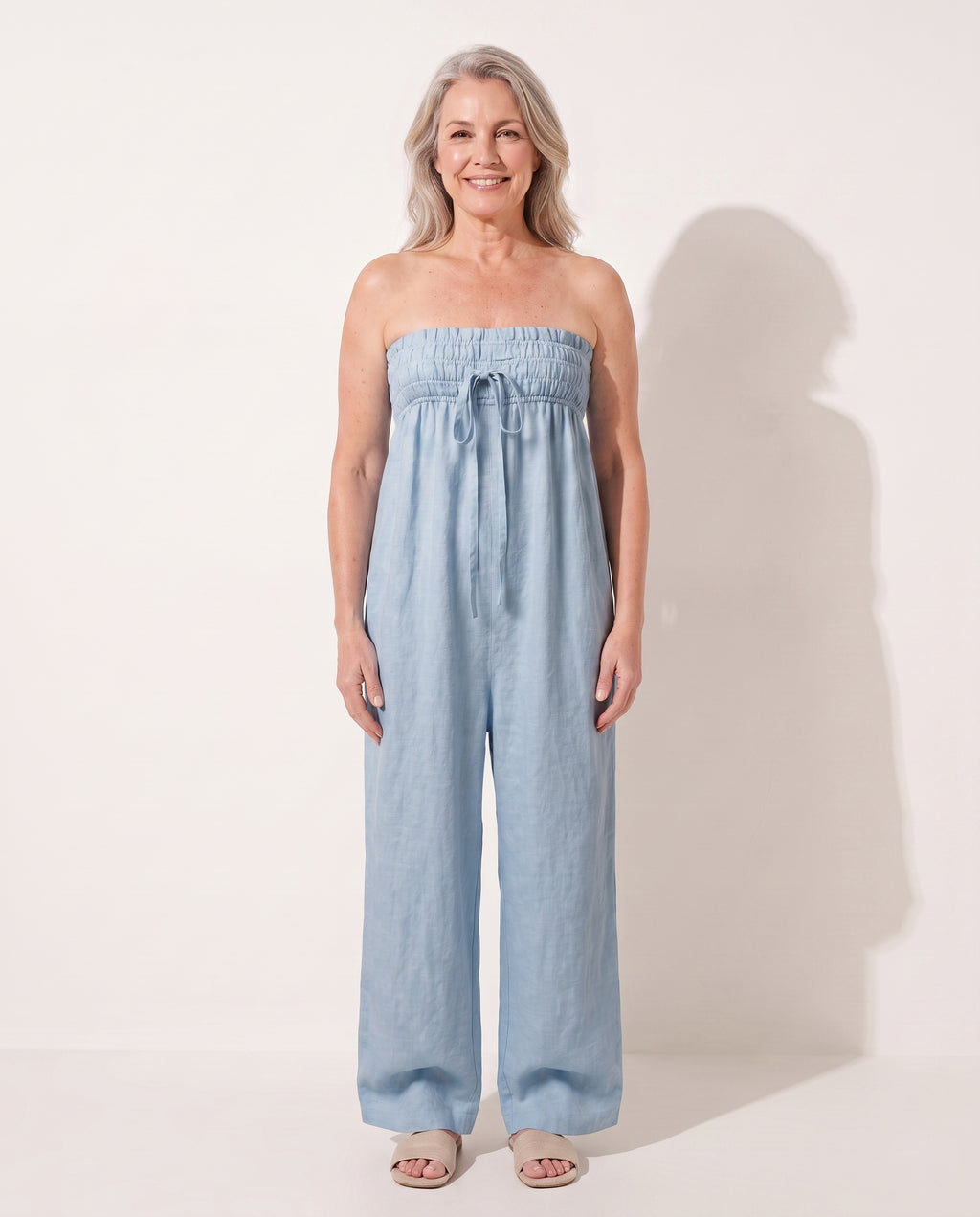 Verena | Strapless Wide Leg Linen Bandeau Jumpsuit — Light Blue