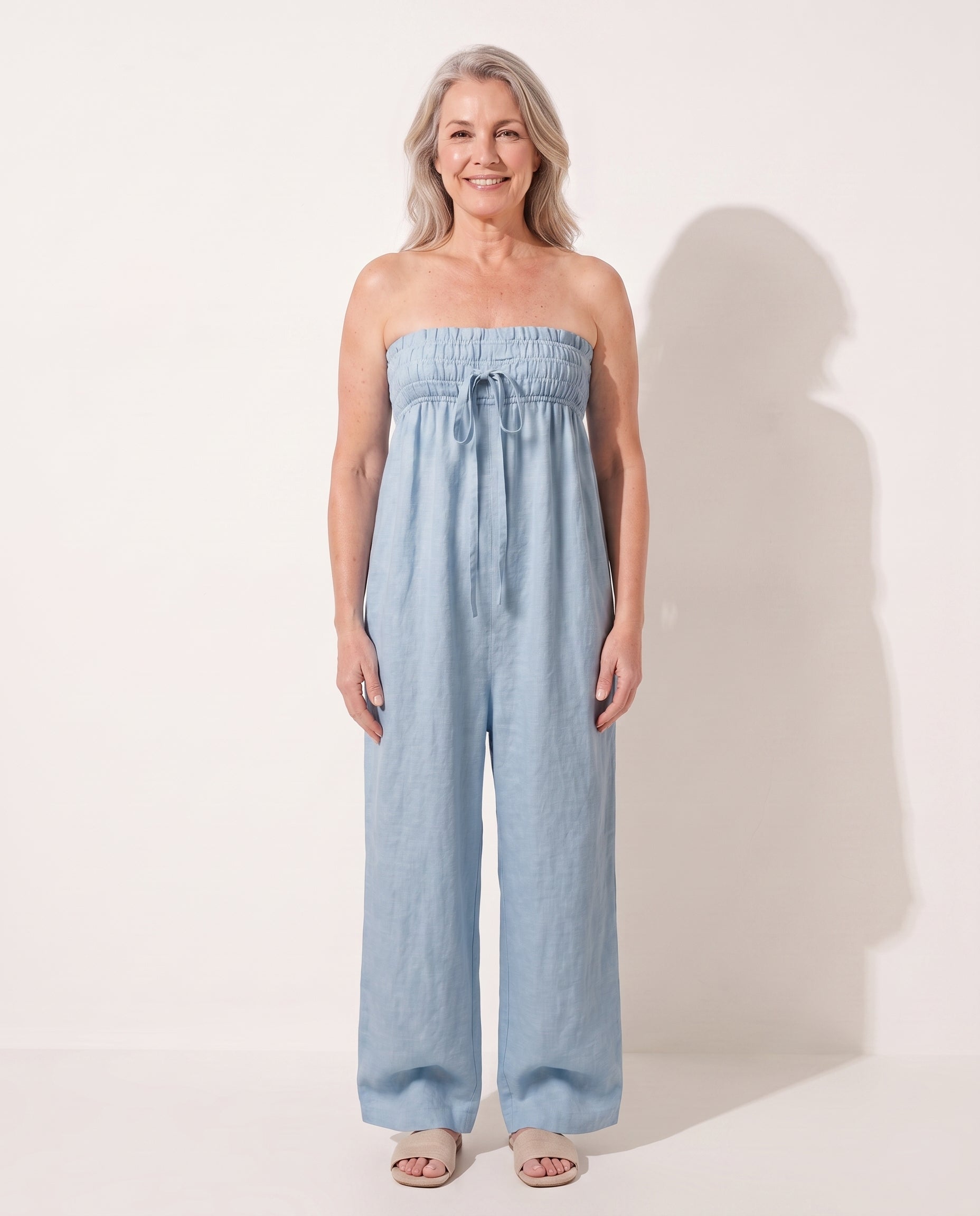Verena | Strapless Wide Leg Linen Bandeau Jumpsuit — Light Blue