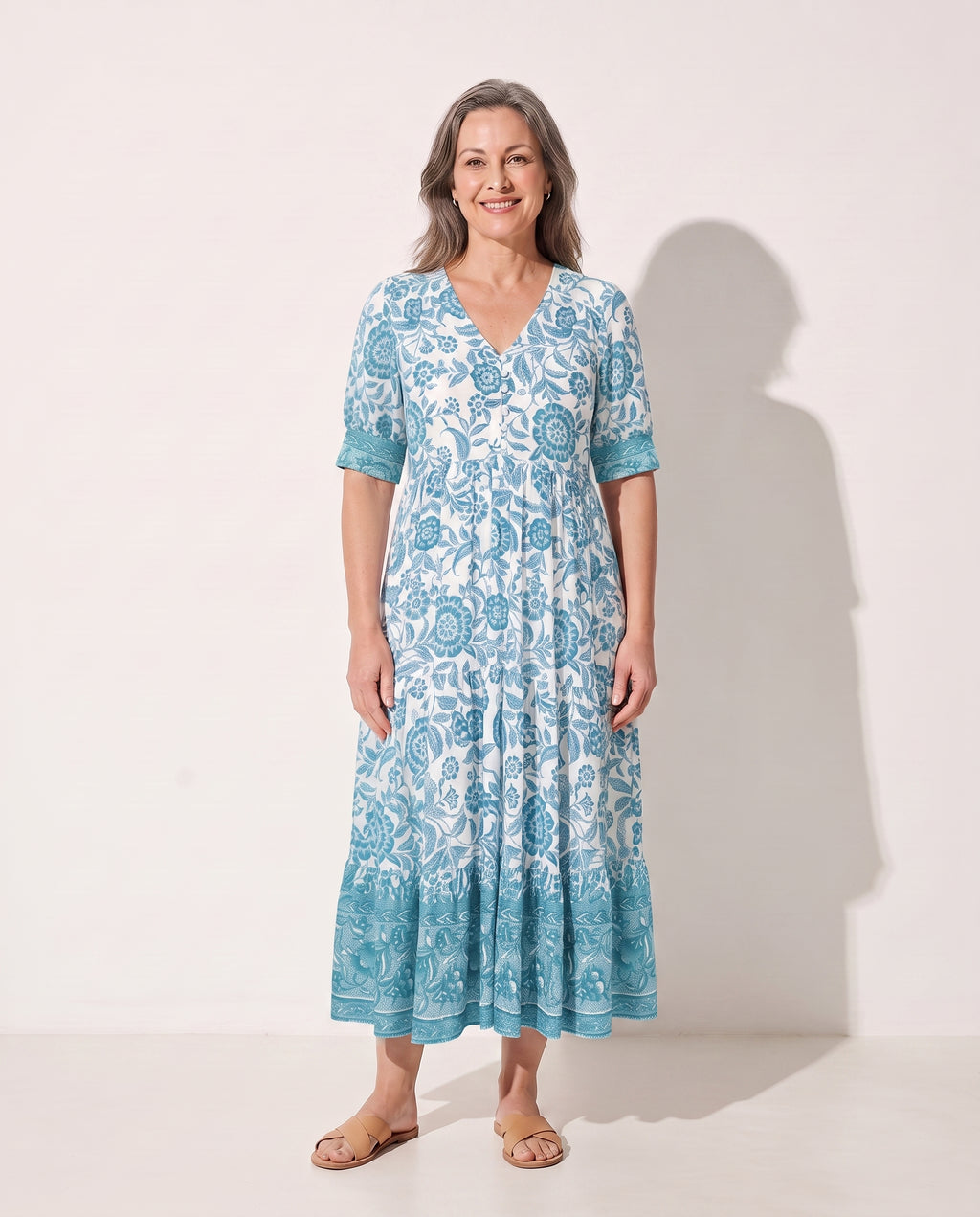 Faustine | Long Sleeve Floral Midi Dress For Garden Parties — Light Blue