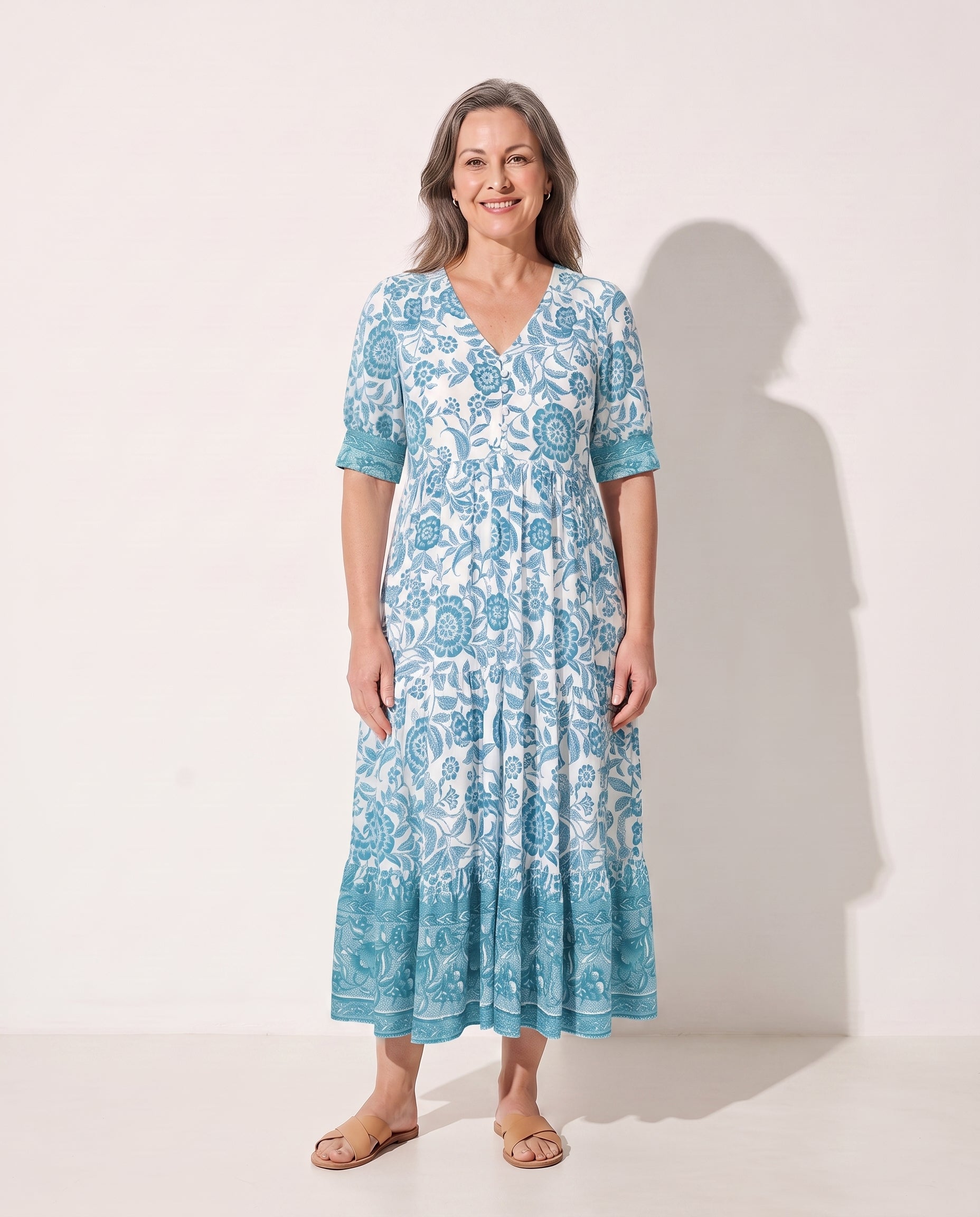 Faustine | Long Sleeve Floral Midi Dress For Garden Parties — Light Blue