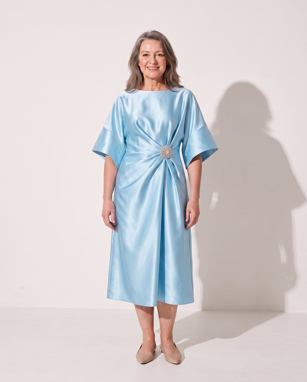 Aurelia | Satin Brooch Midi Dress With Kimono Sleeves — Light Blue