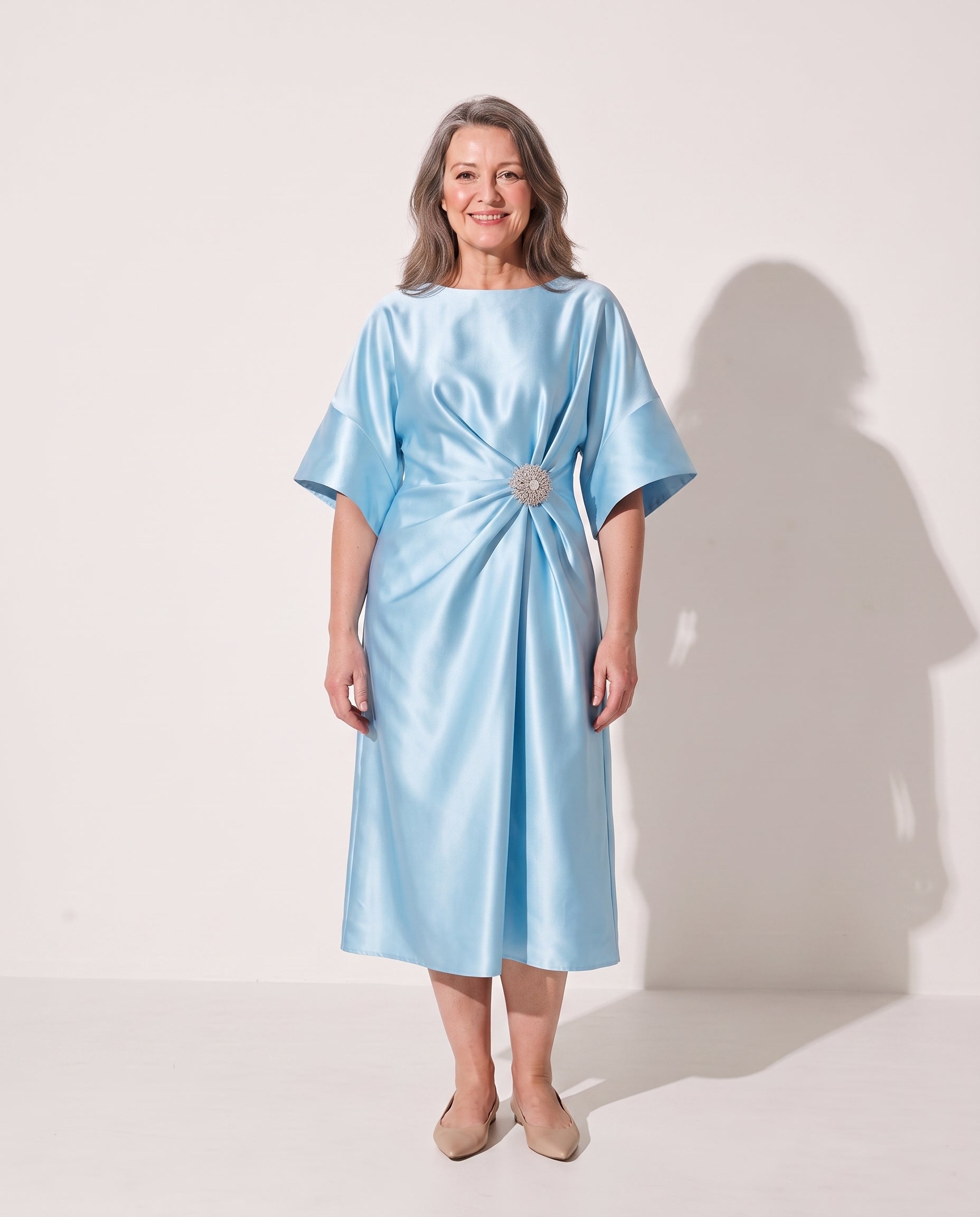 Aurelia | Satin Brooch Midi Dress With Kimono Sleeves — Light Blue
