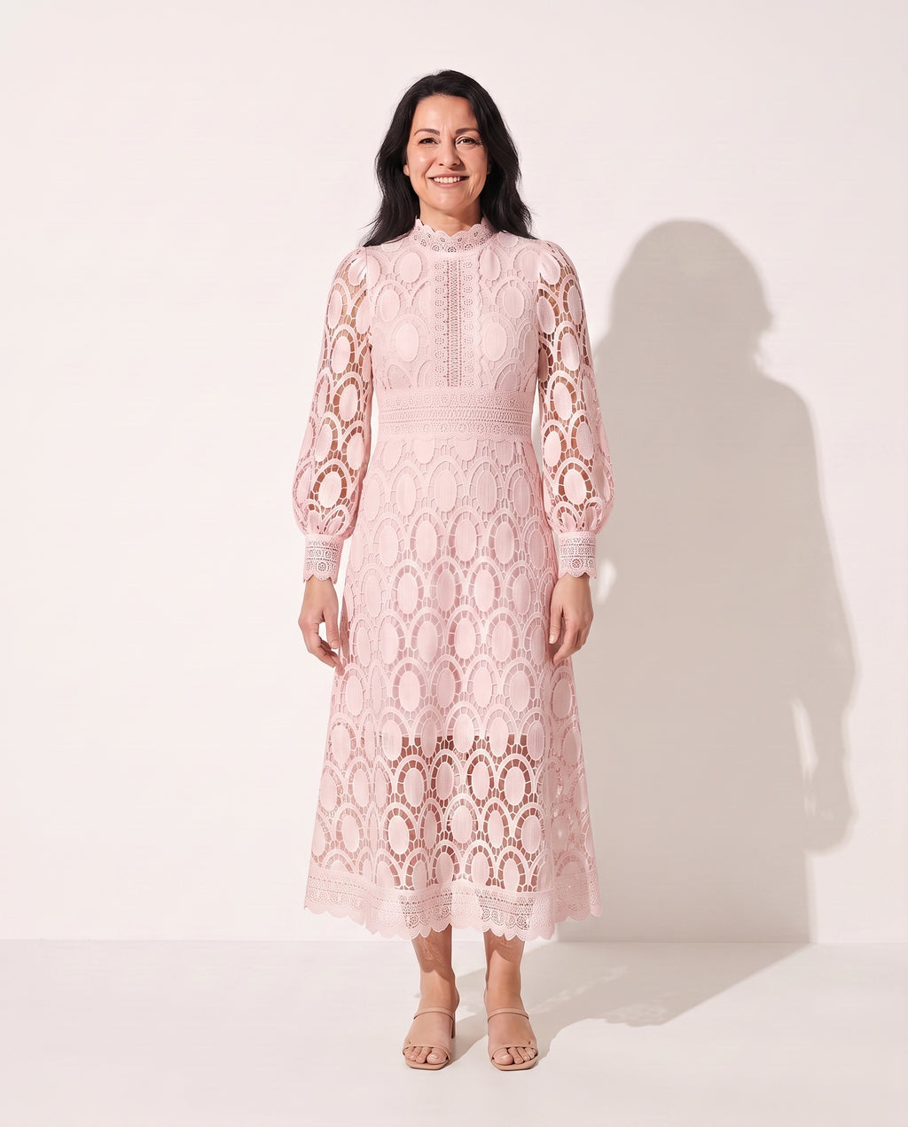 Celestine | Long Sleeve Lace Midi Wedding Guest Dresses — Light Pink