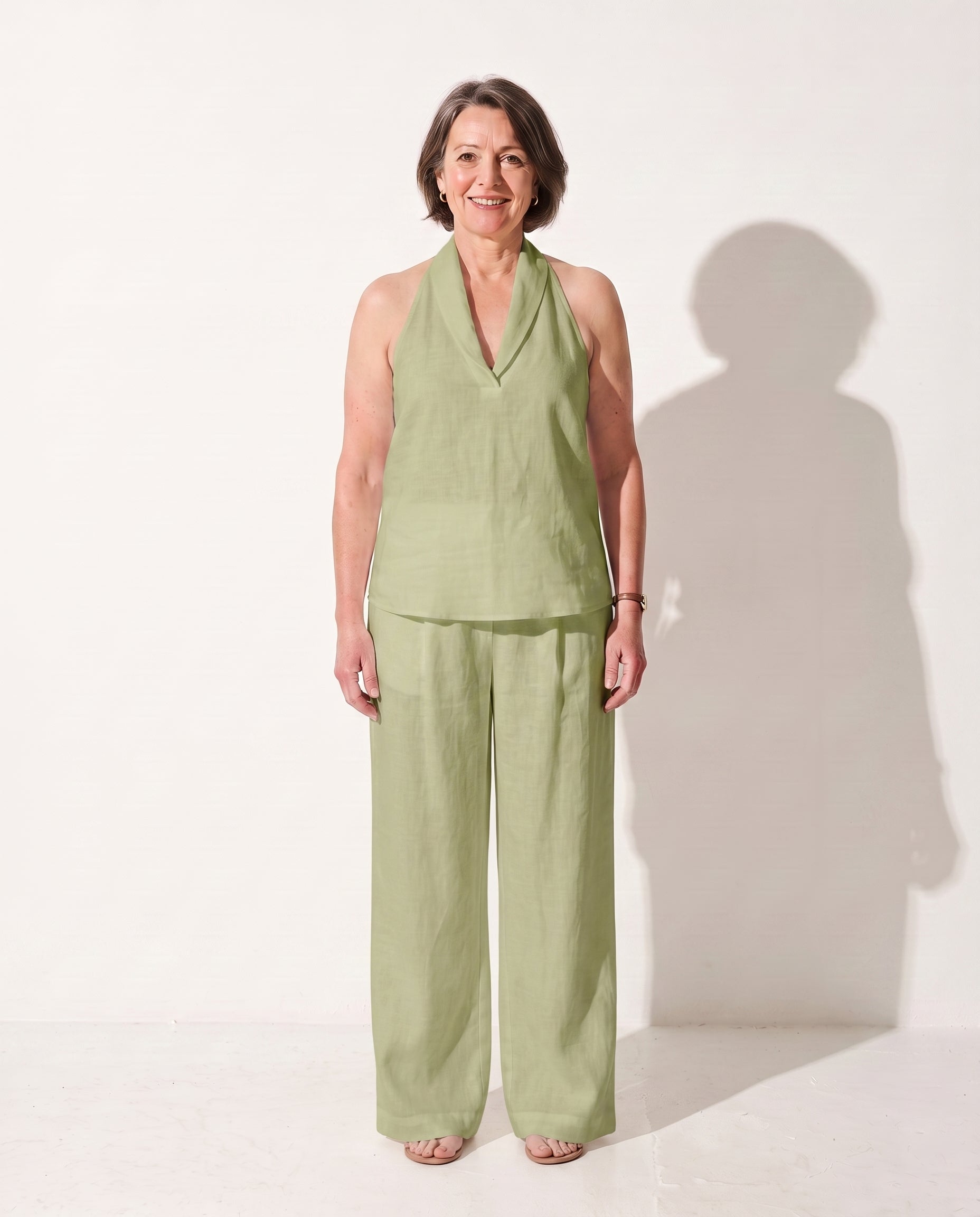 Mirabelle | Camel Wide Leg Trousers Halterneck Co-Ord Set — Matcha