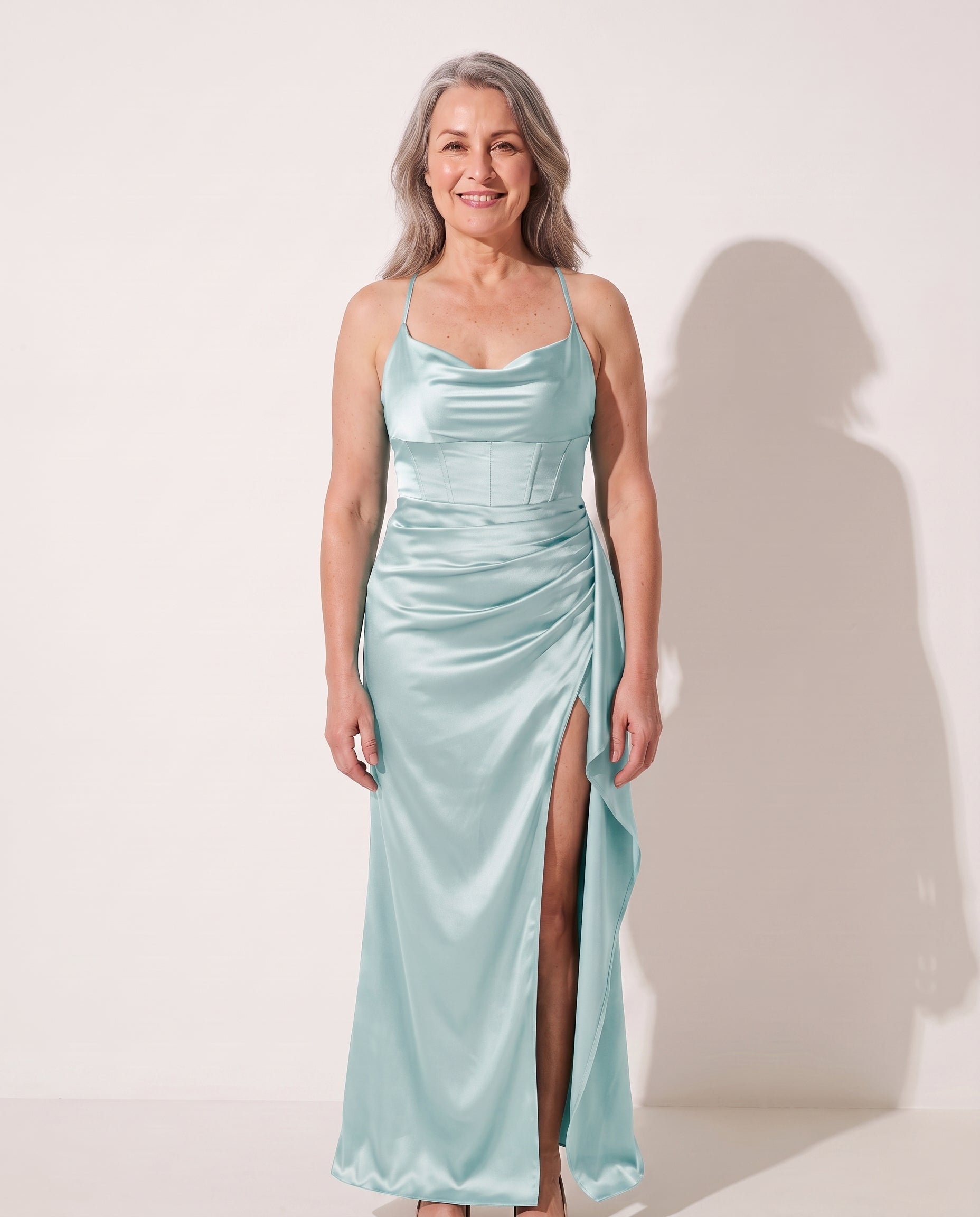 Thalia | Black Ruched Satin Bodycon Maxi Dress Wedding Guest — Mint Blue