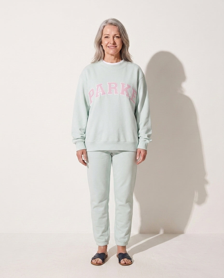 Cordelia | Women Varsity Jacket With Chenille Lettering — Mint with Pink Letters