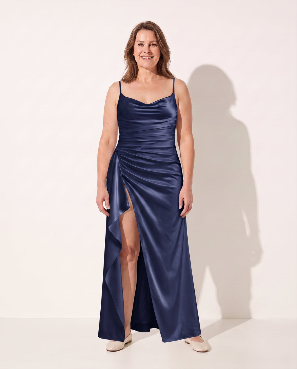 Evangeline | Plus Size Evening Dresses Draped Satin Maxi Split — Navy