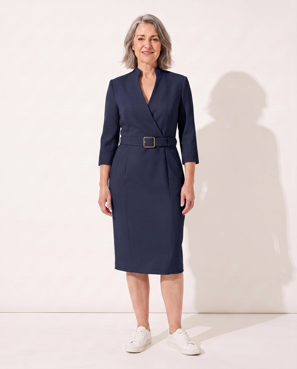 Sabine | Women Long Sleeve Midi Dress For Work & Occasion Wear — Navy