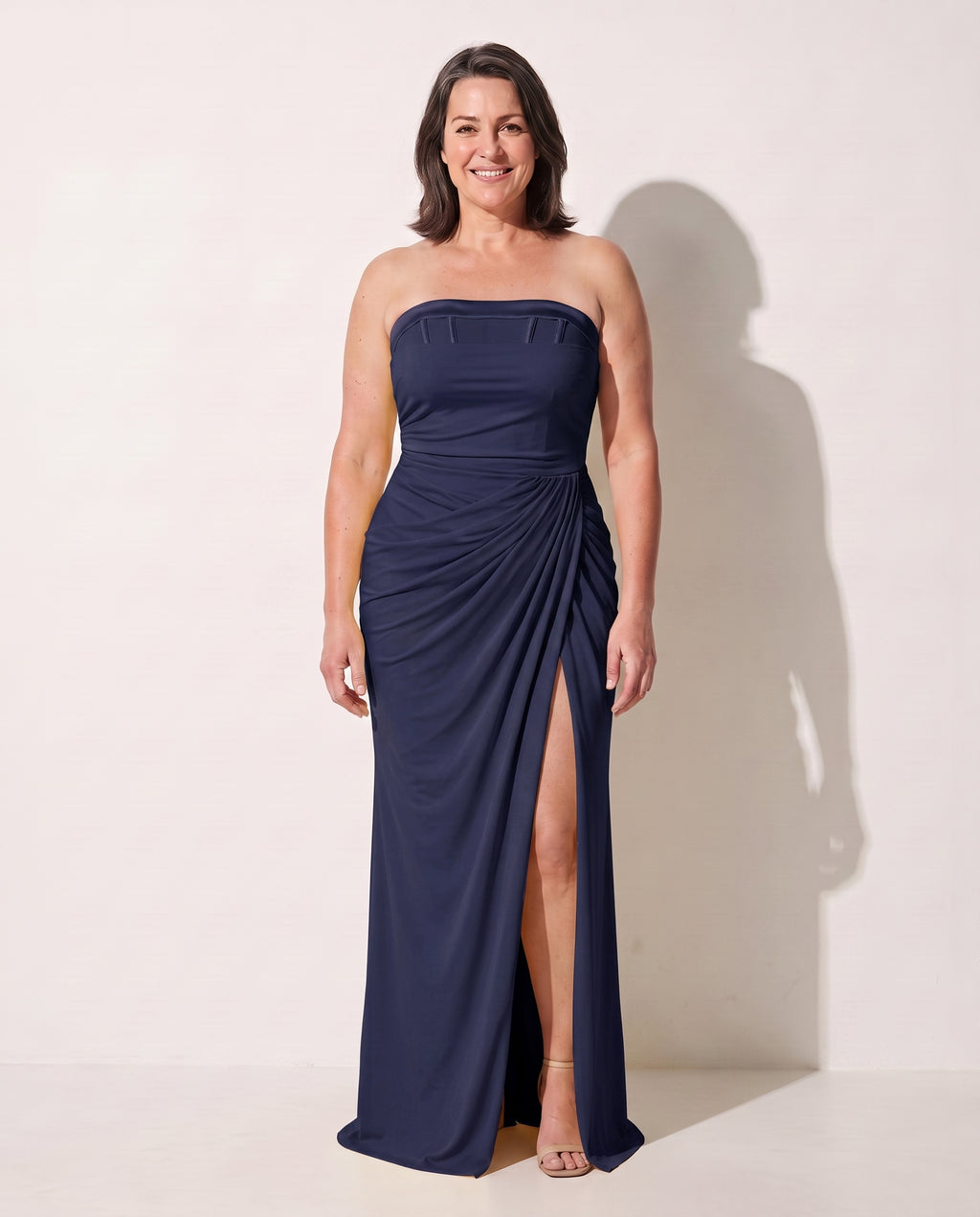 Josephine | Long Sleeve Wedding Guest Dresses Strapless Maxi — Navy