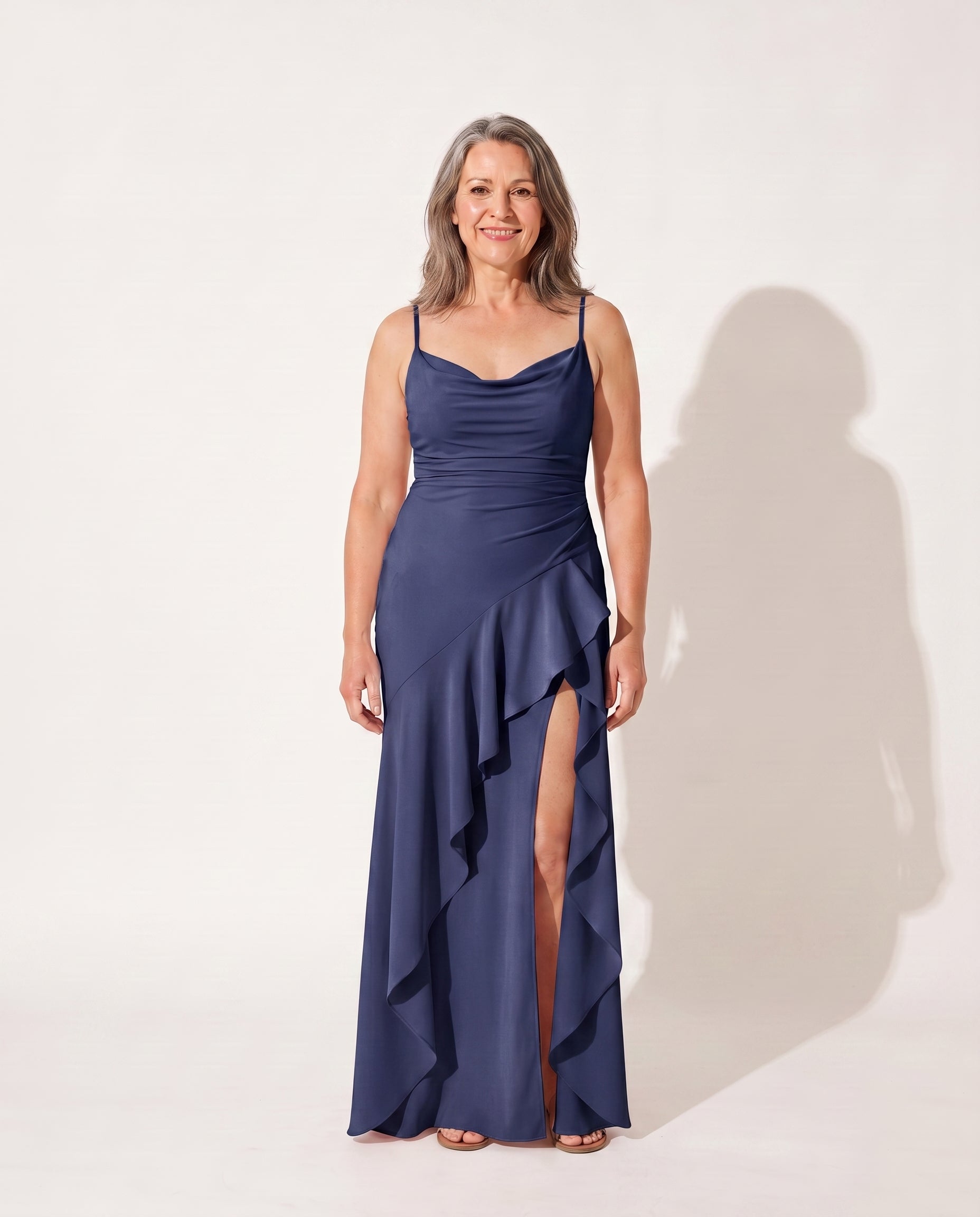 Constance | Long Sleeve Satin Maxi Dress Evening Formal — Navy