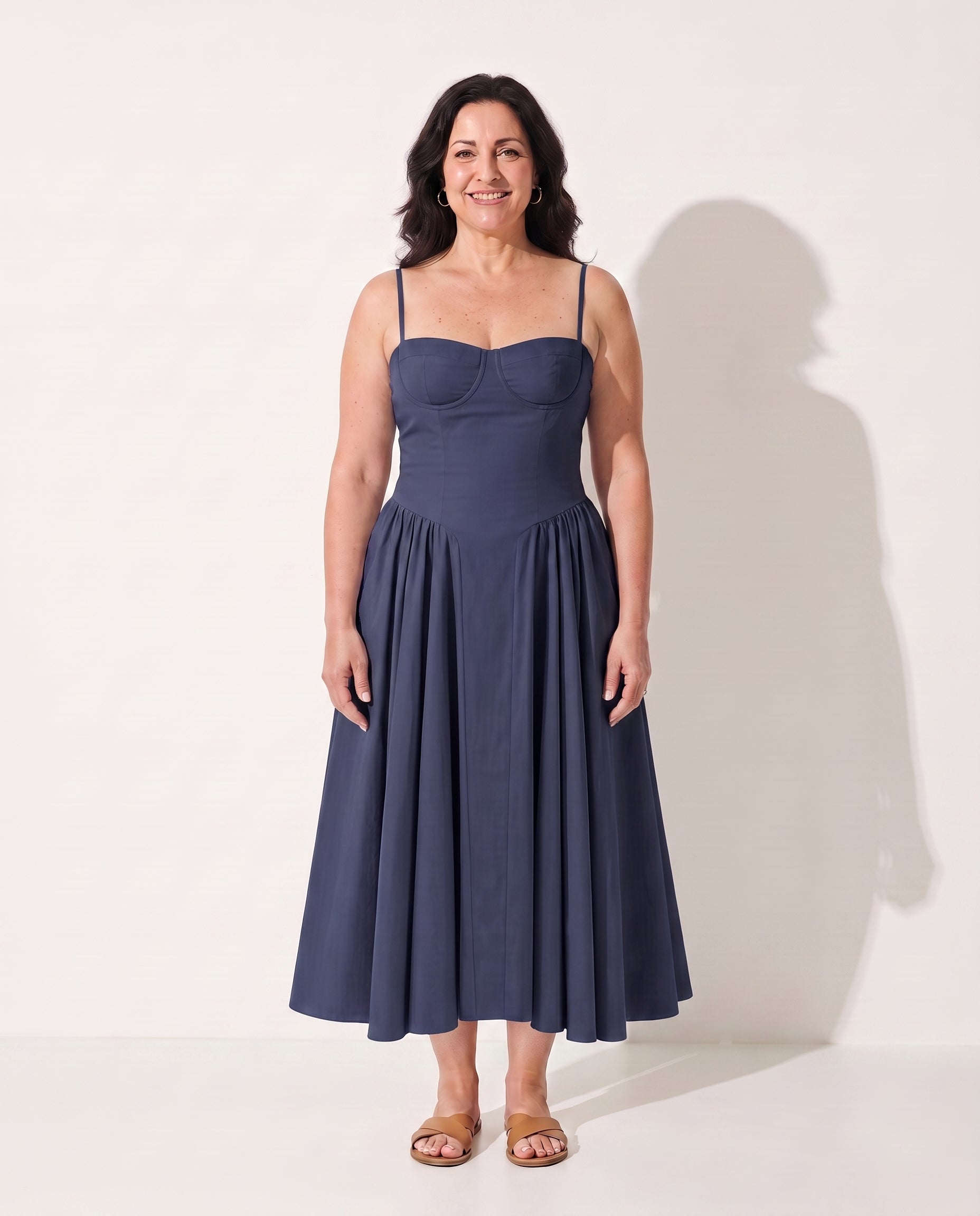 Ninon | Red Corset Dress Midi Underwired Sweetheart Neckline — Navy