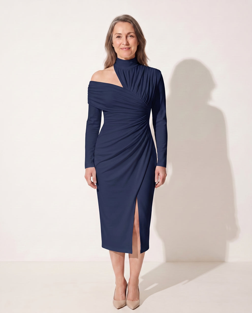 Romilly | Ruched One Shoulder Midi Wedding Guest Dress — Navy Blue