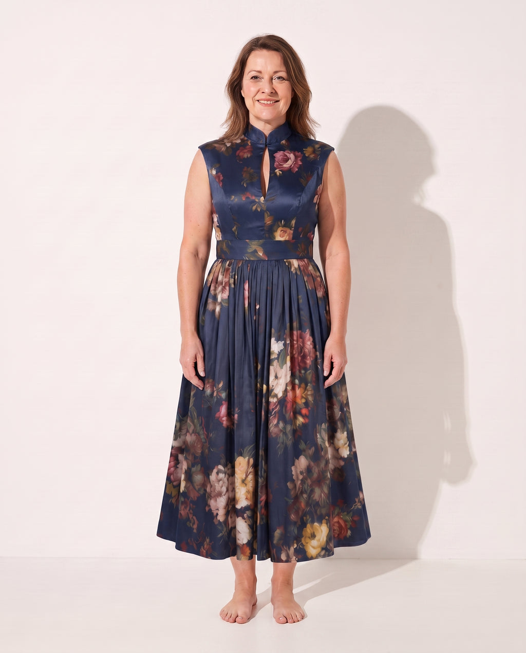 Sidonie | Long Sleeve Floral Midi Wedding Guest Dresses — Navy Blue