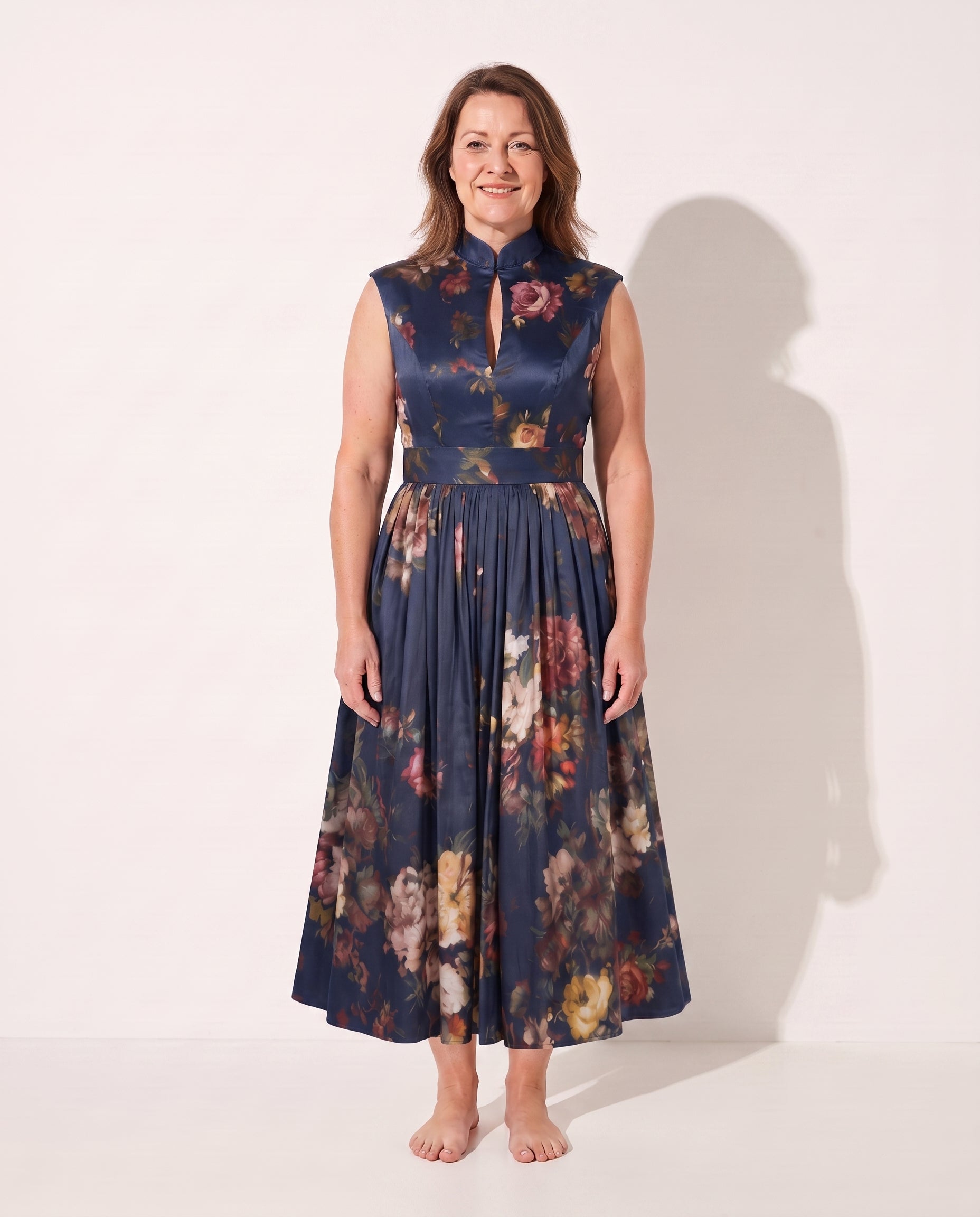 Sidonie | Long Sleeve Floral Midi Wedding Guest Dresses — Navy Blue