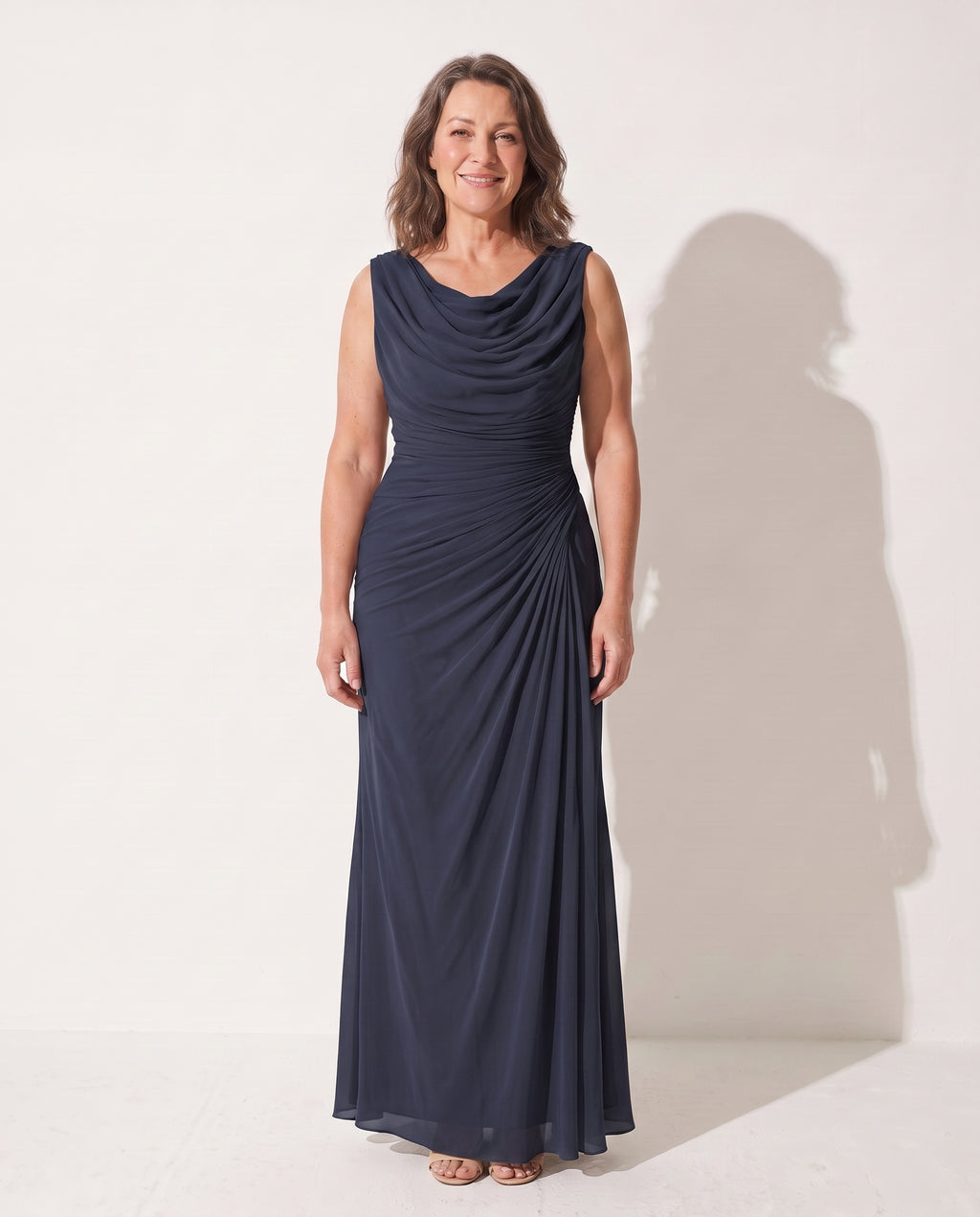 Vivienne | Long Sleeve Wedding Guest Dresses Cowl Neck Maxi — Navy Blue