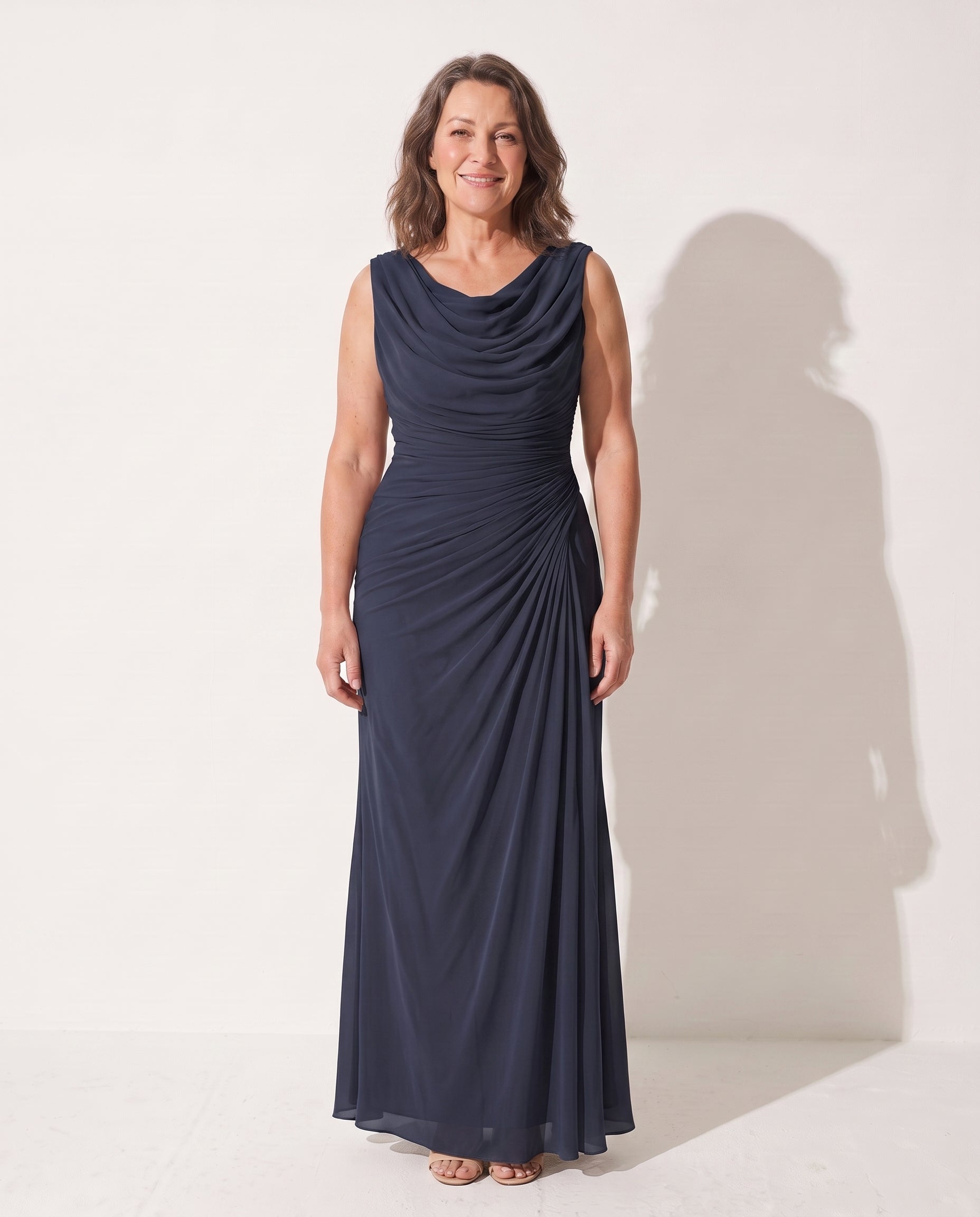 Vivienne | Long Sleeve Wedding Guest Dresses Cowl Neck Maxi — Navy Blue