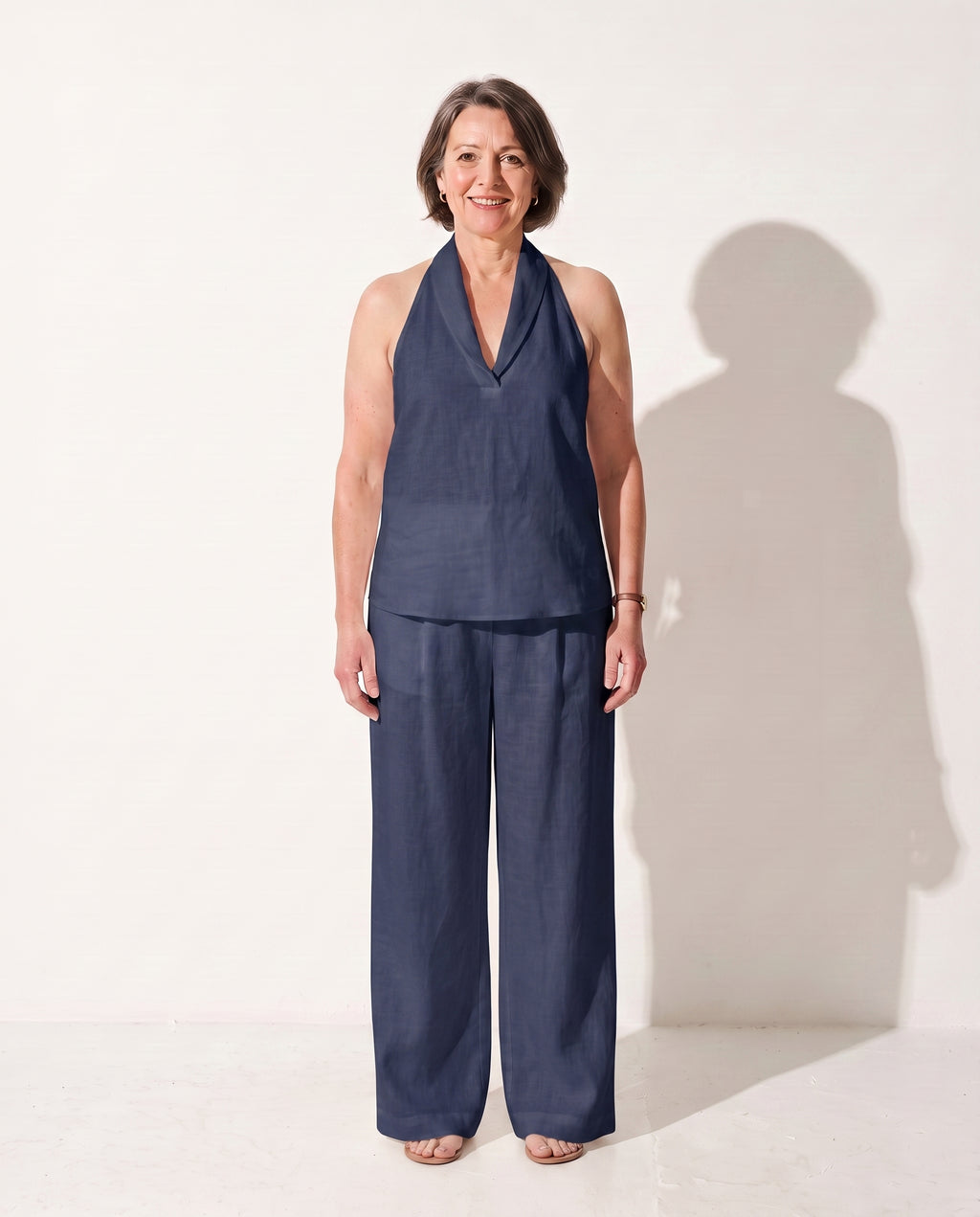 Mirabelle | Camel Wide Leg Trousers Halterneck Co-Ord Set — Navy blue