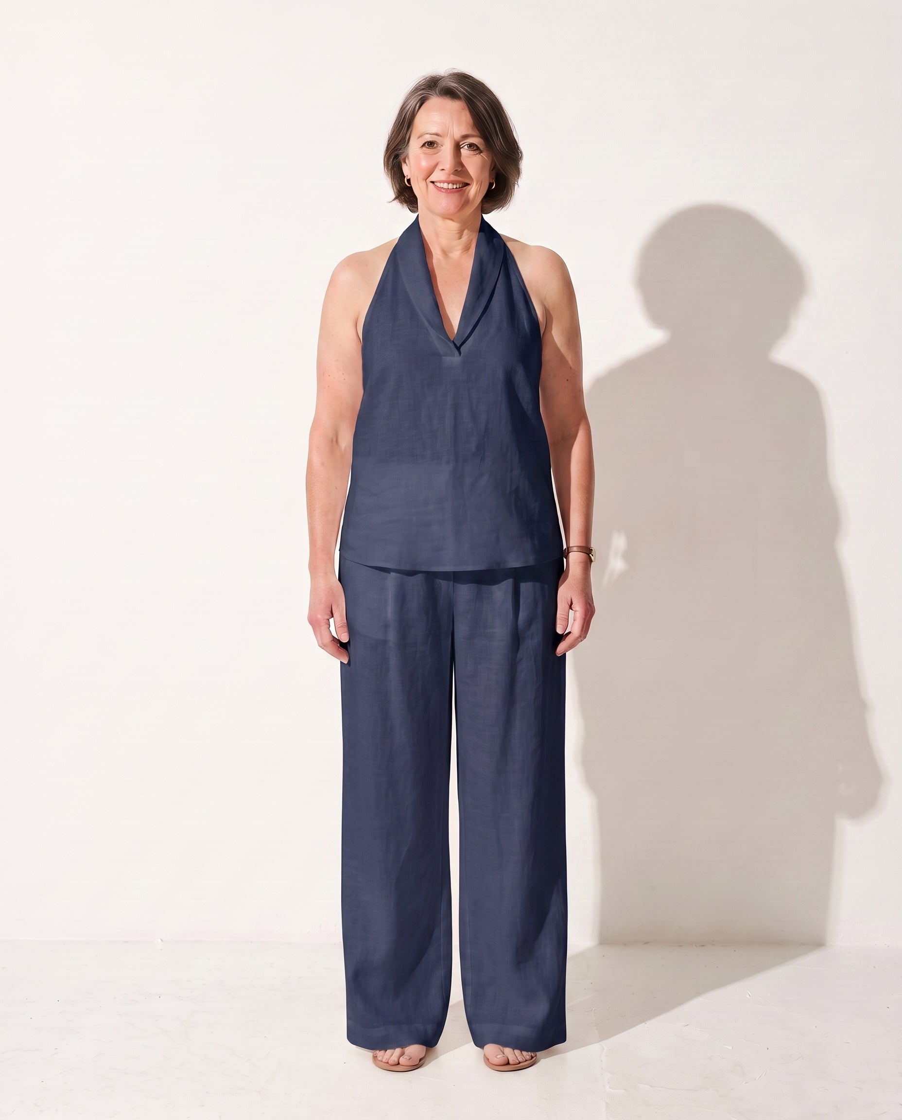 Mirabelle | Camel Wide Leg Trousers Halterneck Co-Ord Set — Navy blue