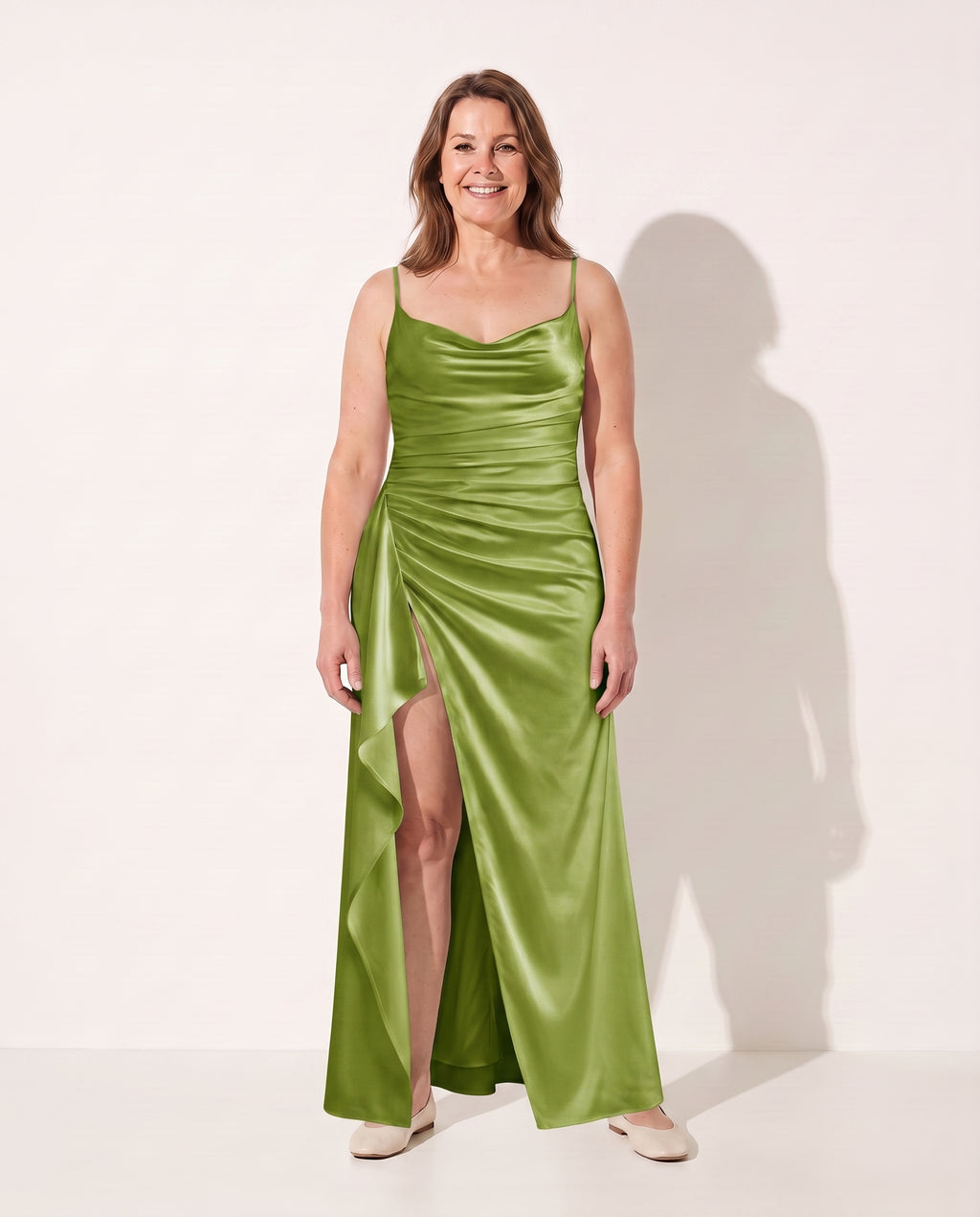 Evangeline | Plus Size Evening Dresses Draped Satin Maxi Split — Olive