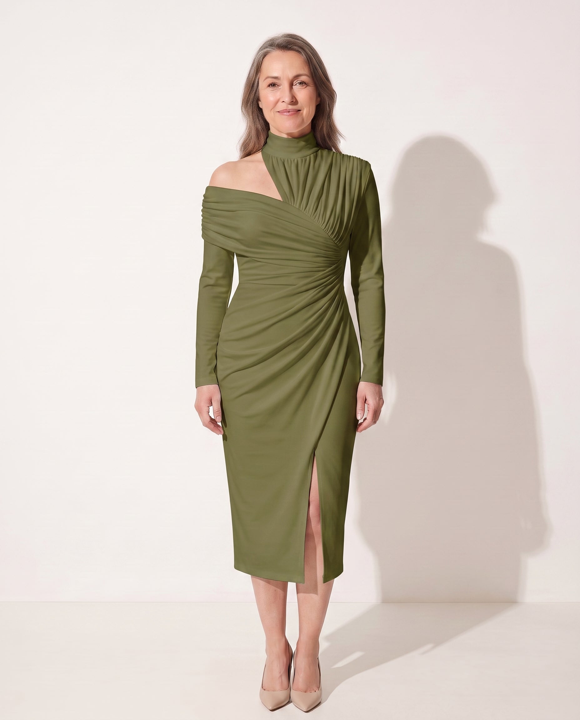 Romilly | Ruched One Shoulder Midi Wedding Guest Dress — Olive Green