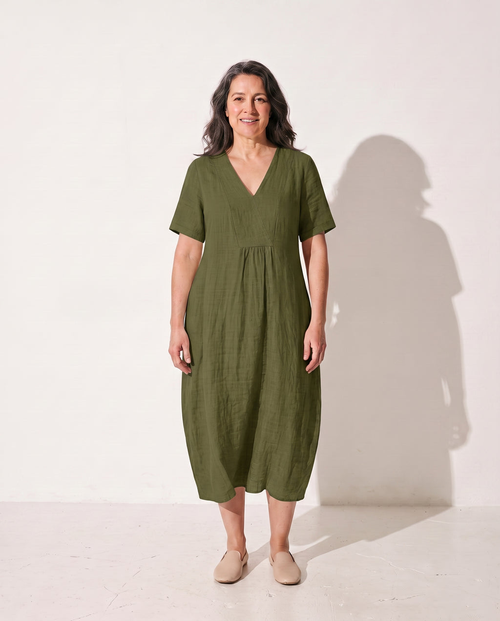 Camille | Long Sleeve Floral Midi Dress For Summer Days — Olive Green