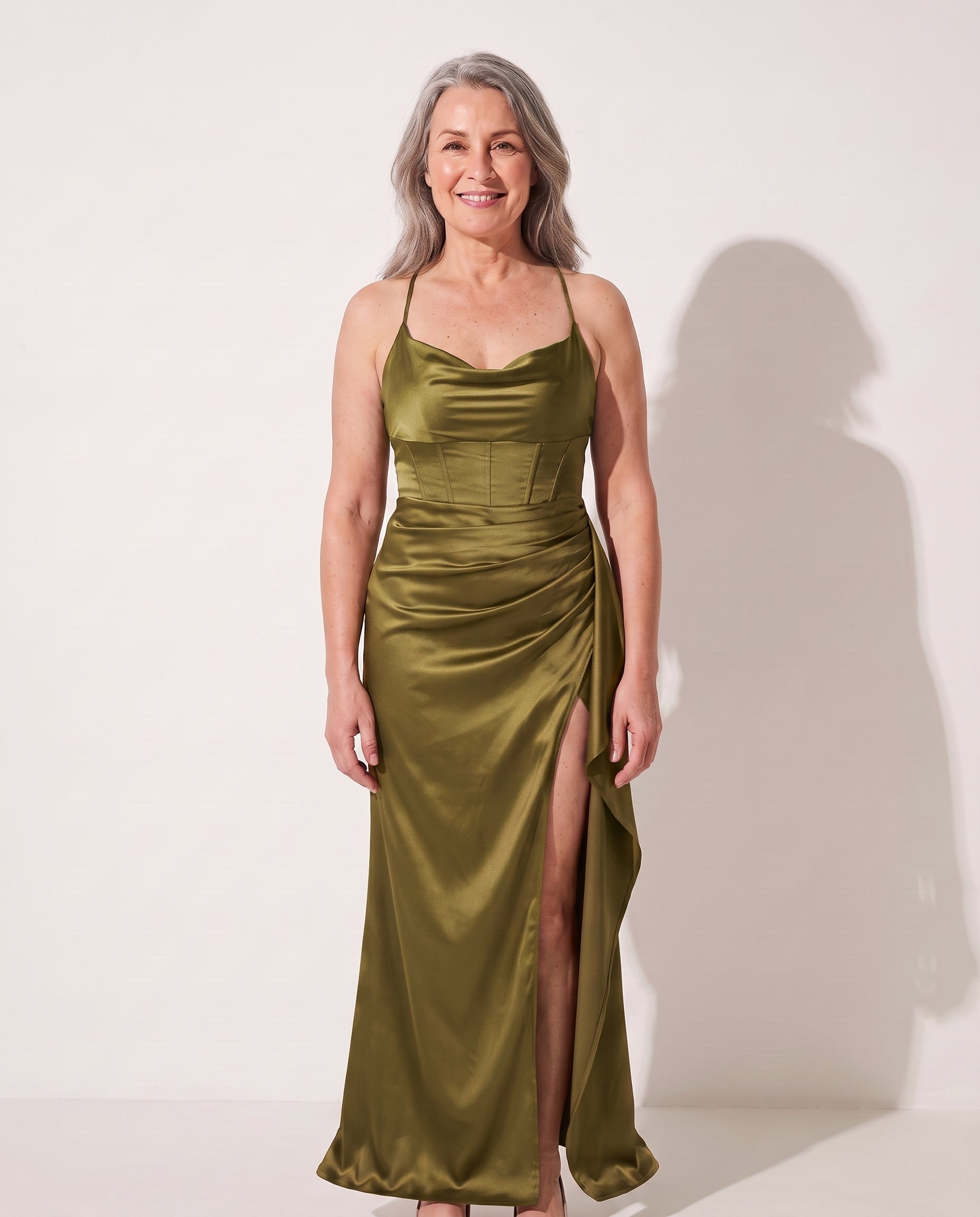 Thalia | Black Ruched Satin Bodycon Maxi Dress Wedding Guest — Olive Green