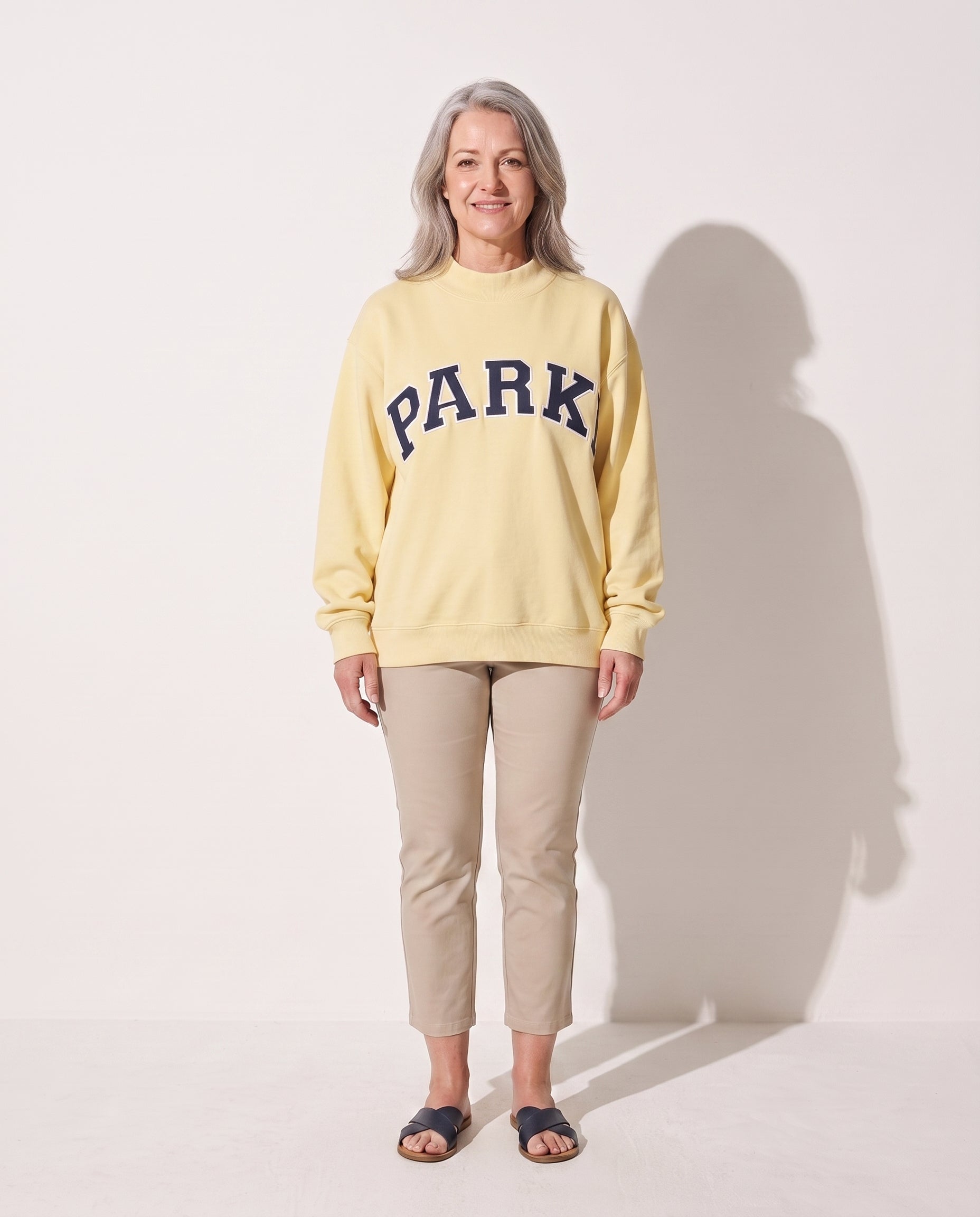 Cordelia | Women Varsity Jacket With Chenille Lettering — Pastel Yellow with Navy Letters