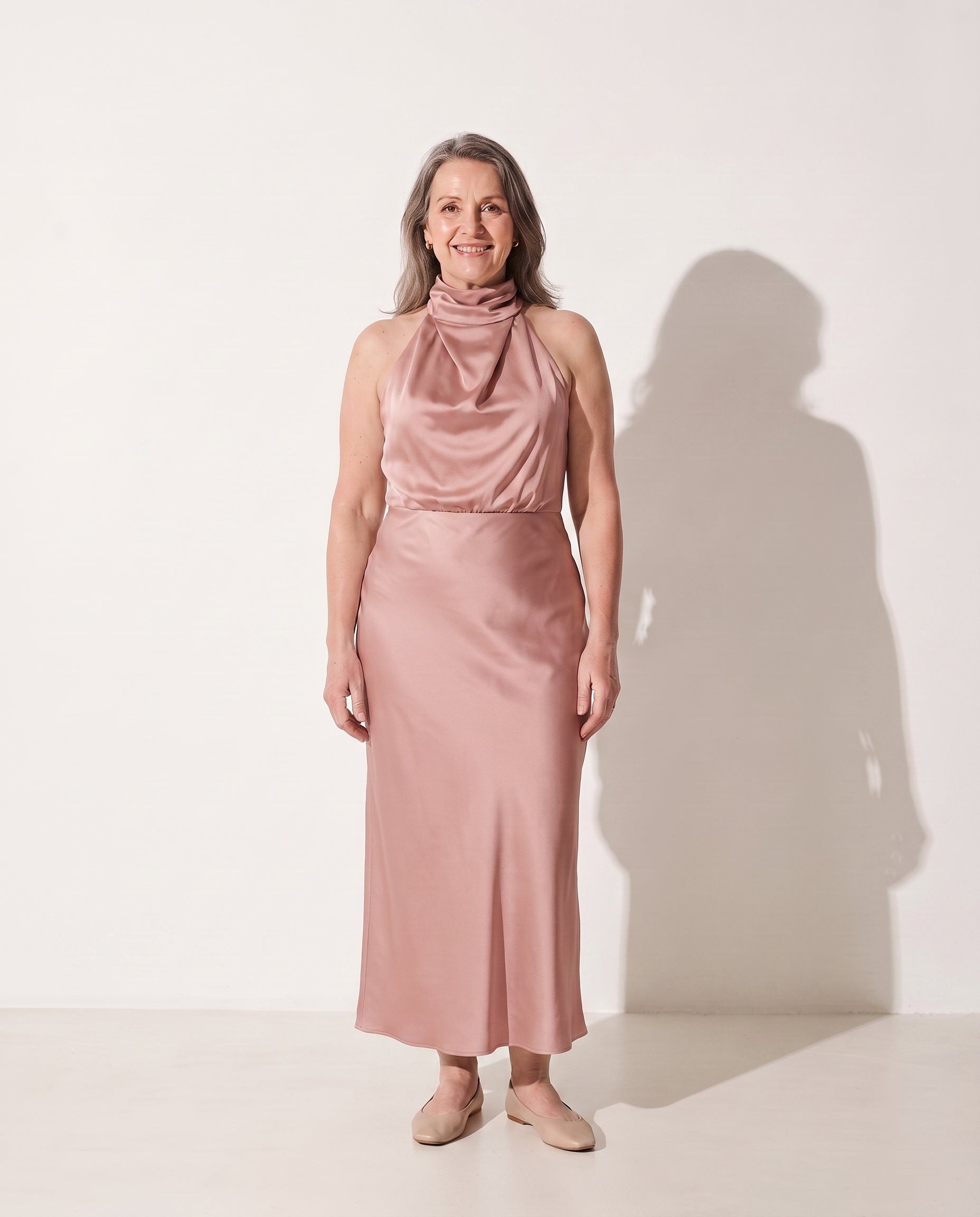 Francesca | Cinderella Wedding Dress Cowl Neck Satin Slip Midi — Pink