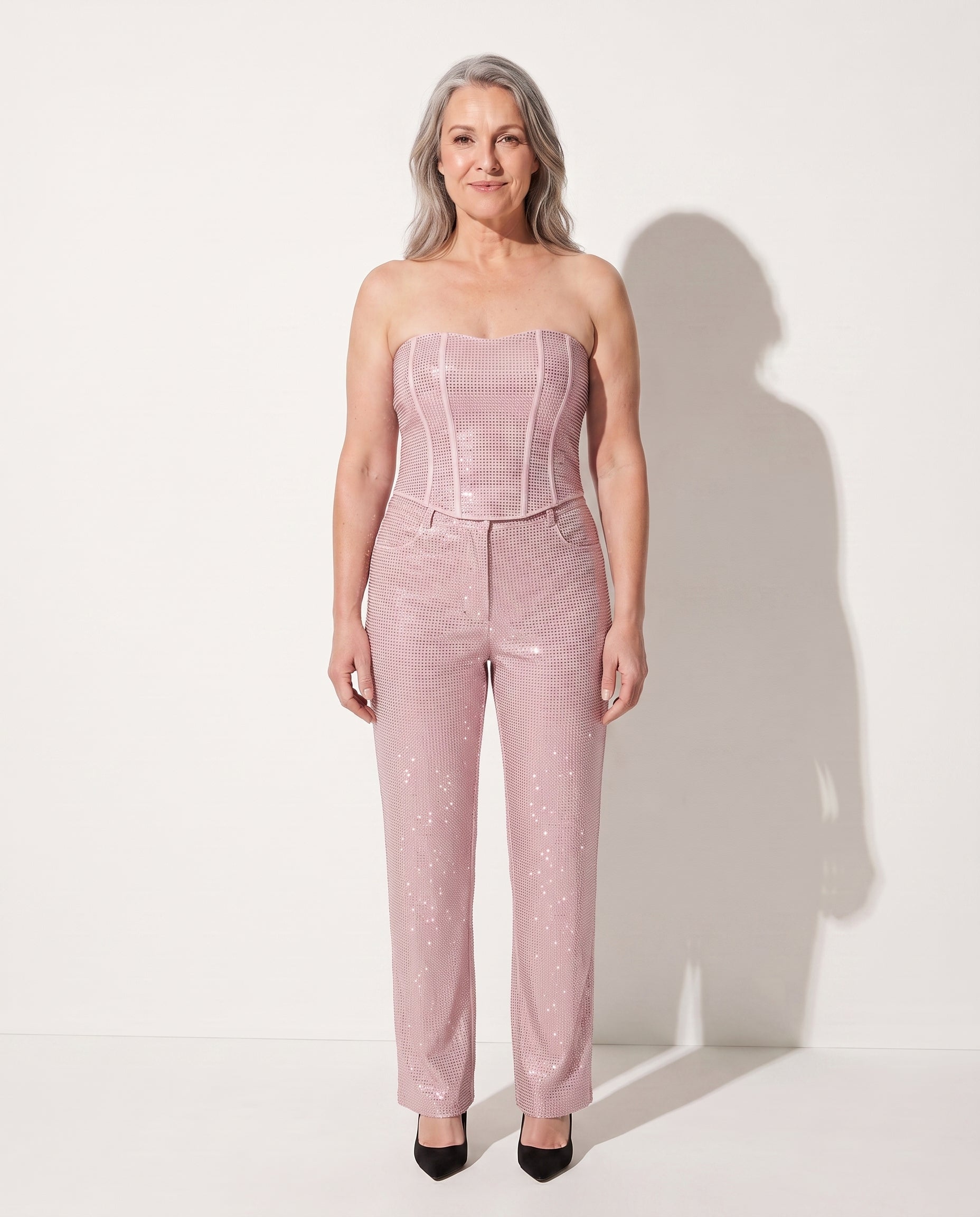 Bryony | Sequin Denim Palazzo Pants & Corset Top Co-Ord Set — Pink