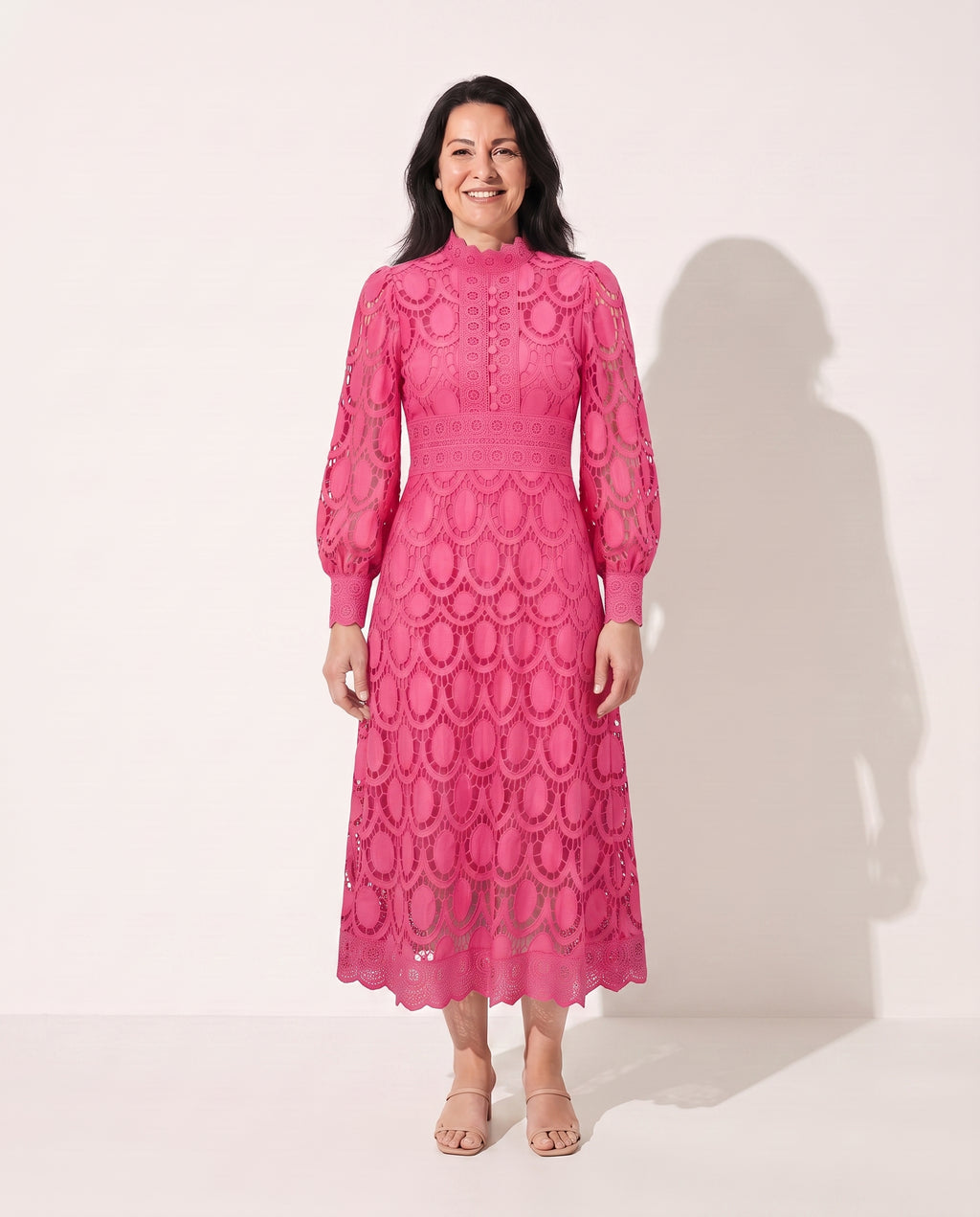 Celestine | Long Sleeve Lace Midi Wedding Guest Dresses — Pink