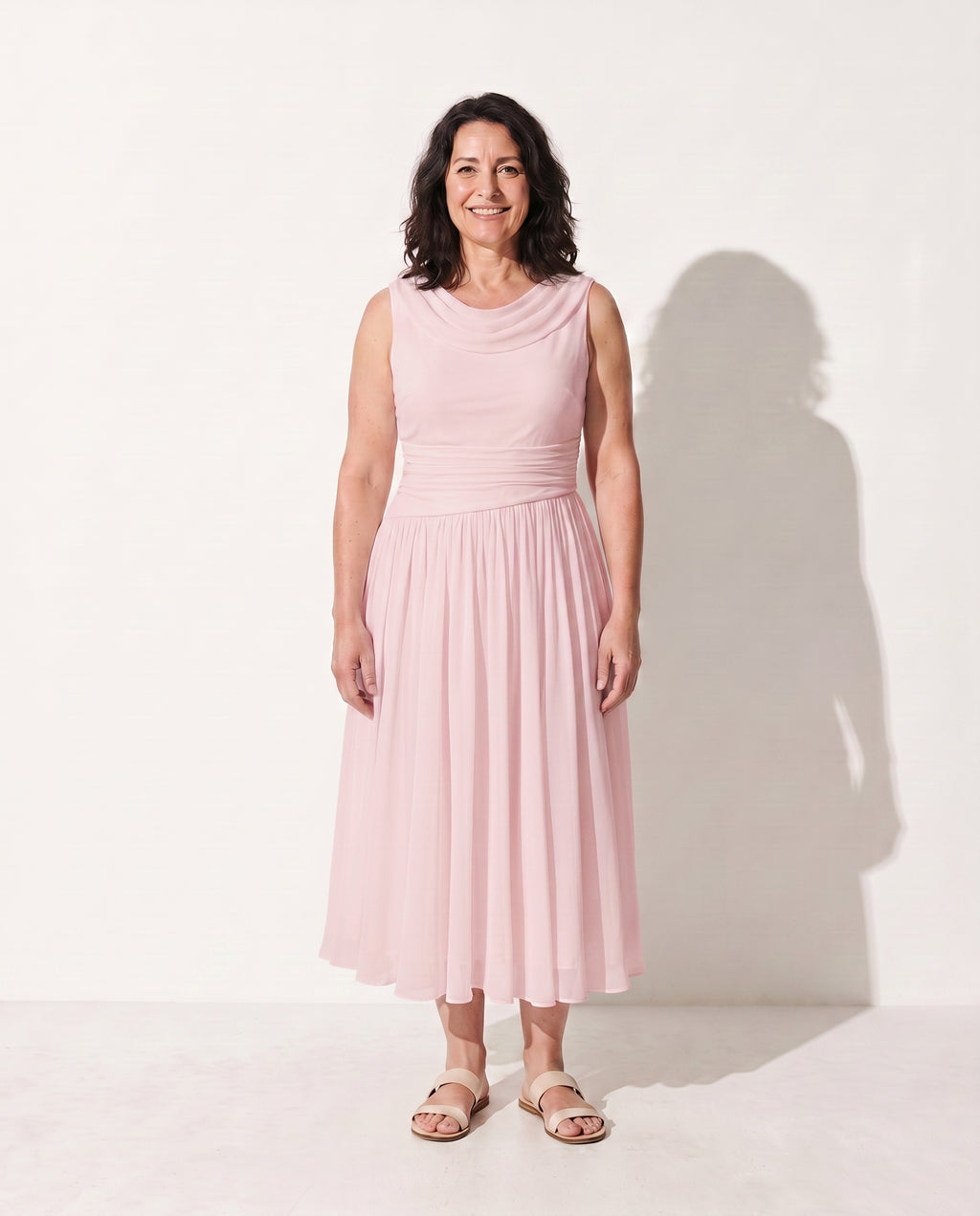 Sabine | Long Sleeve Pleated Midi Dress for Weddings & Occasions — Pink