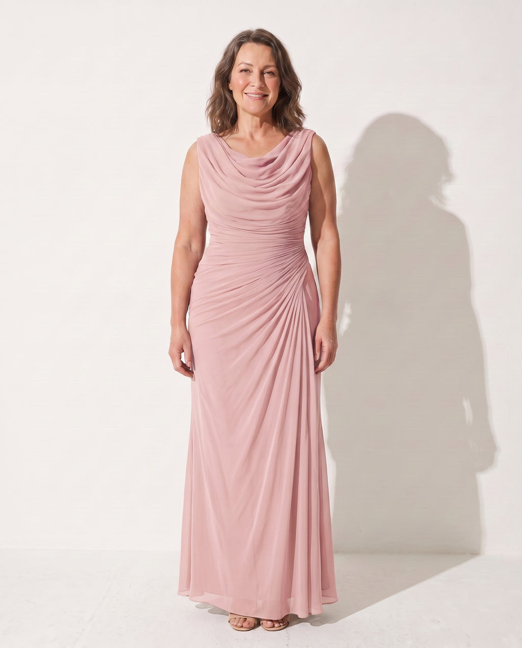 Vivienne | Long Sleeve Wedding Guest Dresses Cowl Neck Maxi — Pink