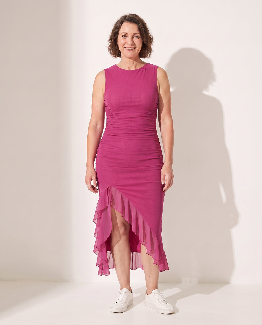 Wilhelmina | Women Ruched Midi Autumn Wedding Guest Dresses — Pink