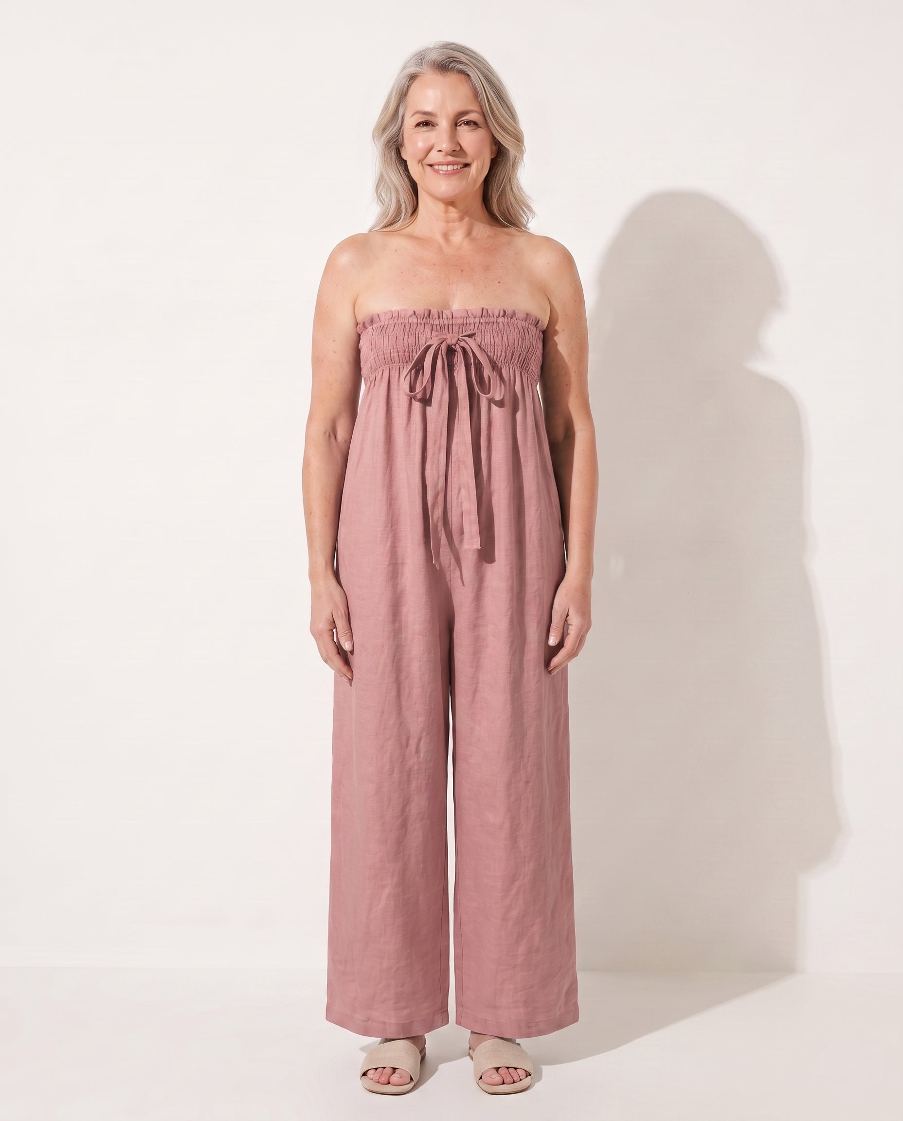 Verena | Strapless Wide Leg Linen Bandeau Jumpsuit — Pink
