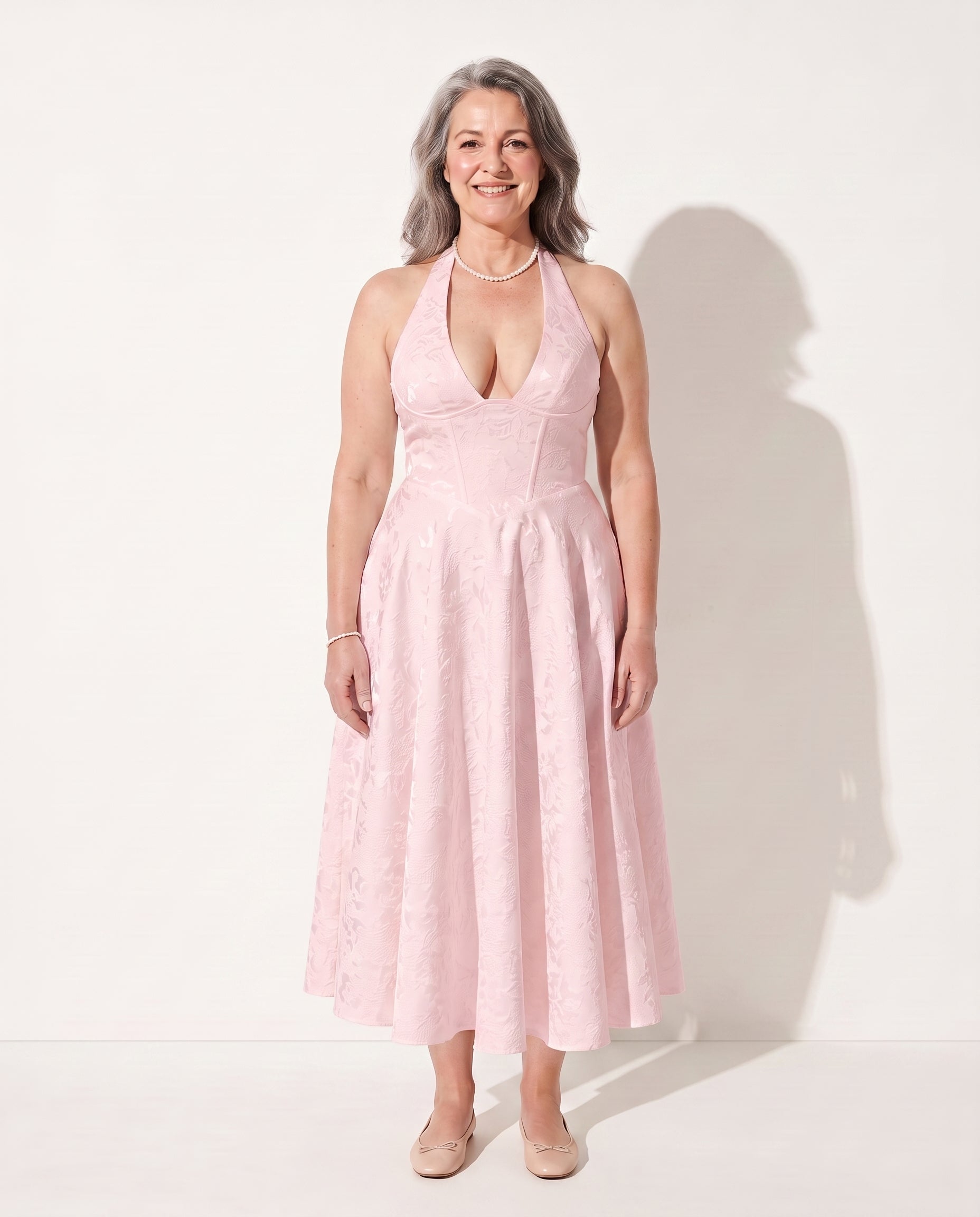 Floriane | Halter Neck Floral Print Midi Dress — Pink