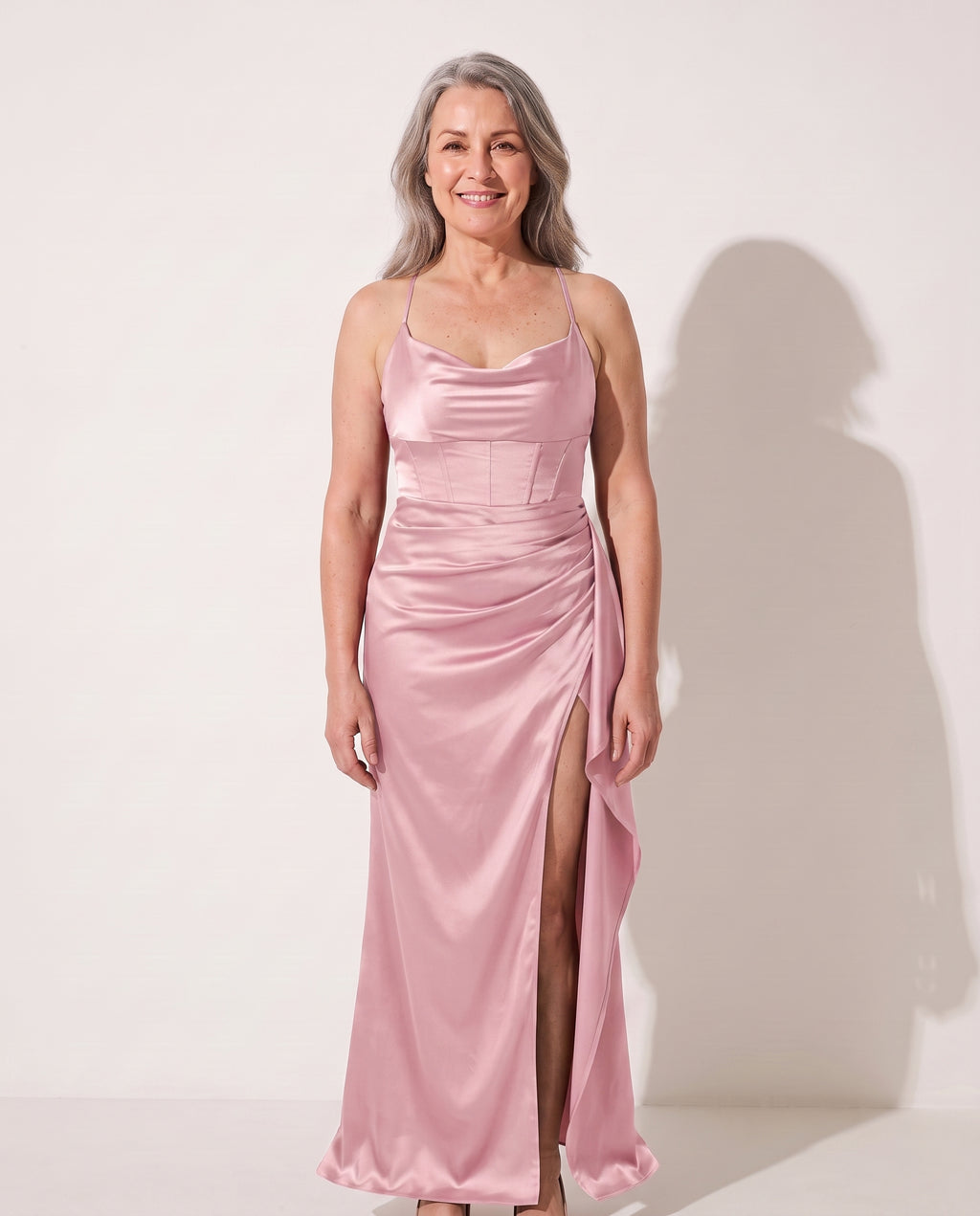 Thalia | Black Ruched Satin Bodycon Maxi Dress Wedding Guest — Pink